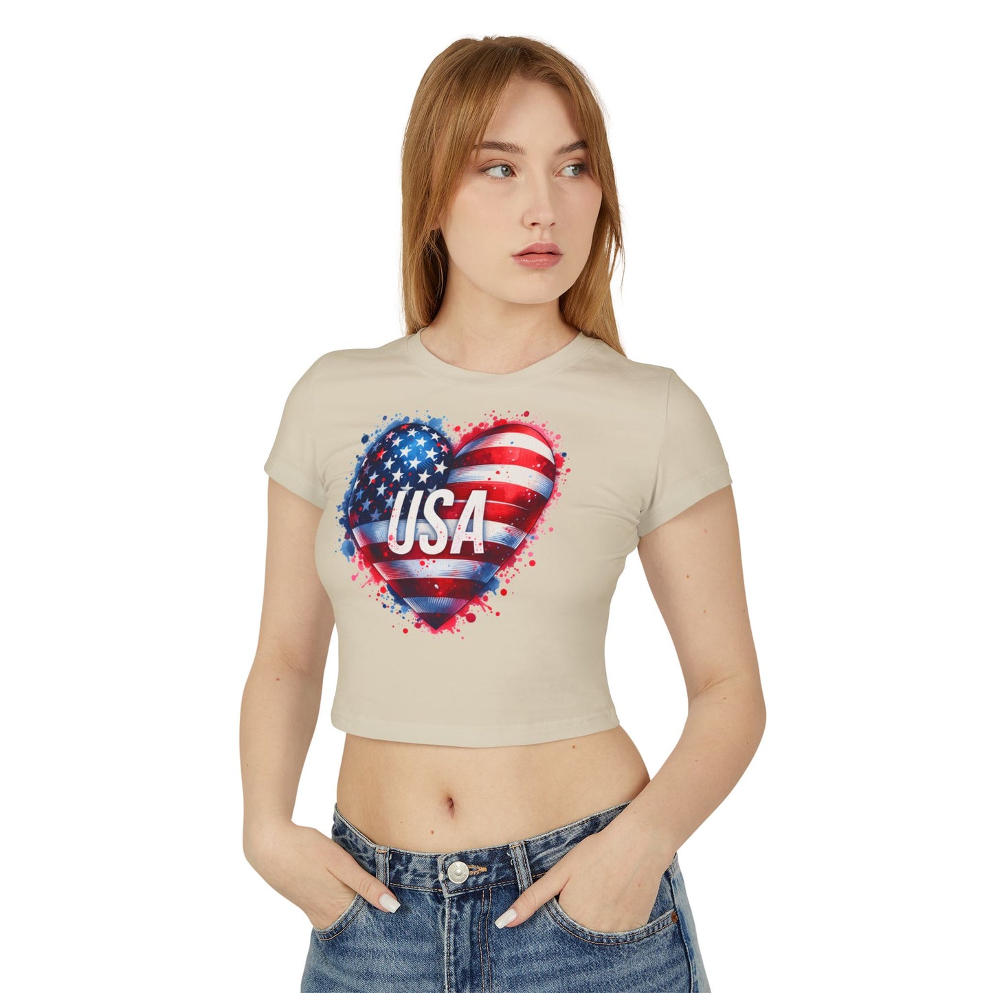 Princess Grace USA Heart Women's Baby Tee Patriotic Crop Top for Independence Day