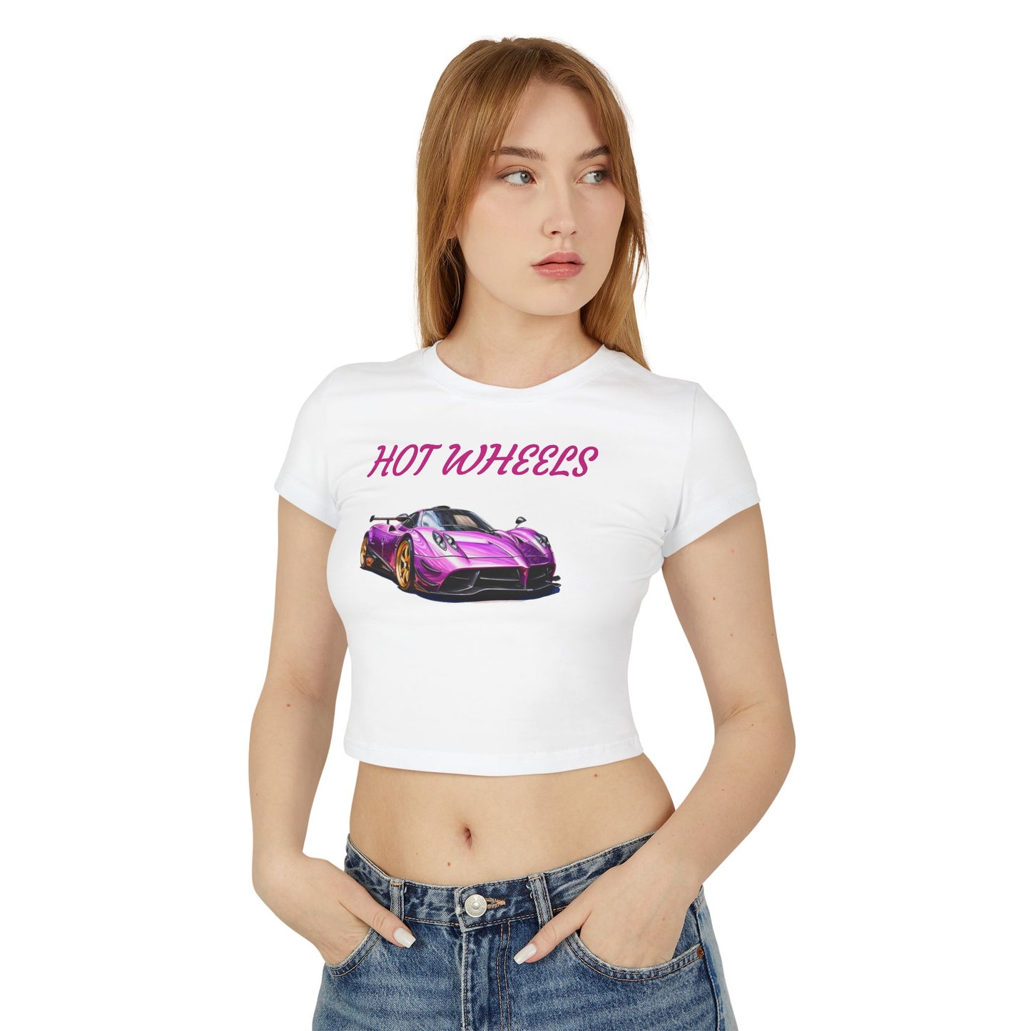 Princess Grace Women's Hot Wheels Baby Tee Cute Pink Race Car Graphic T-Shirt