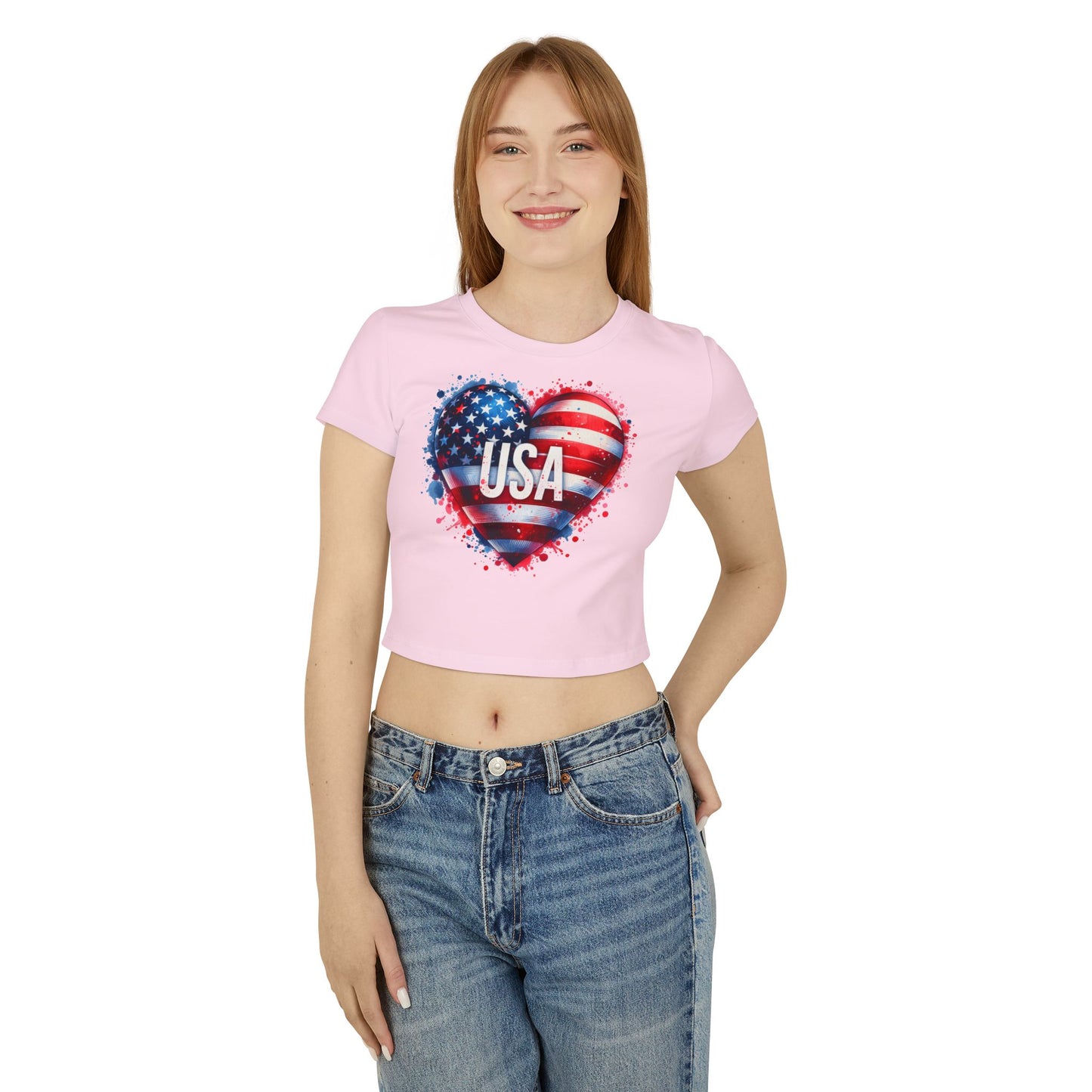 Princess Grace USA Heart Women's Baby Tee Patriotic Crop Top for Independence Day