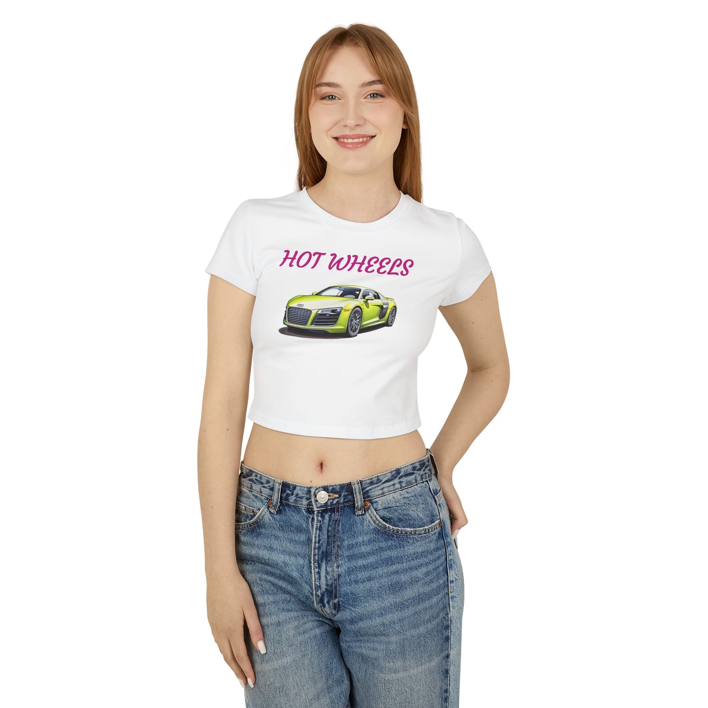 Princess Grace Hot Wheels Women's Baby Tee Trendy Car Graphic Shirt for Auto Enthusiasts