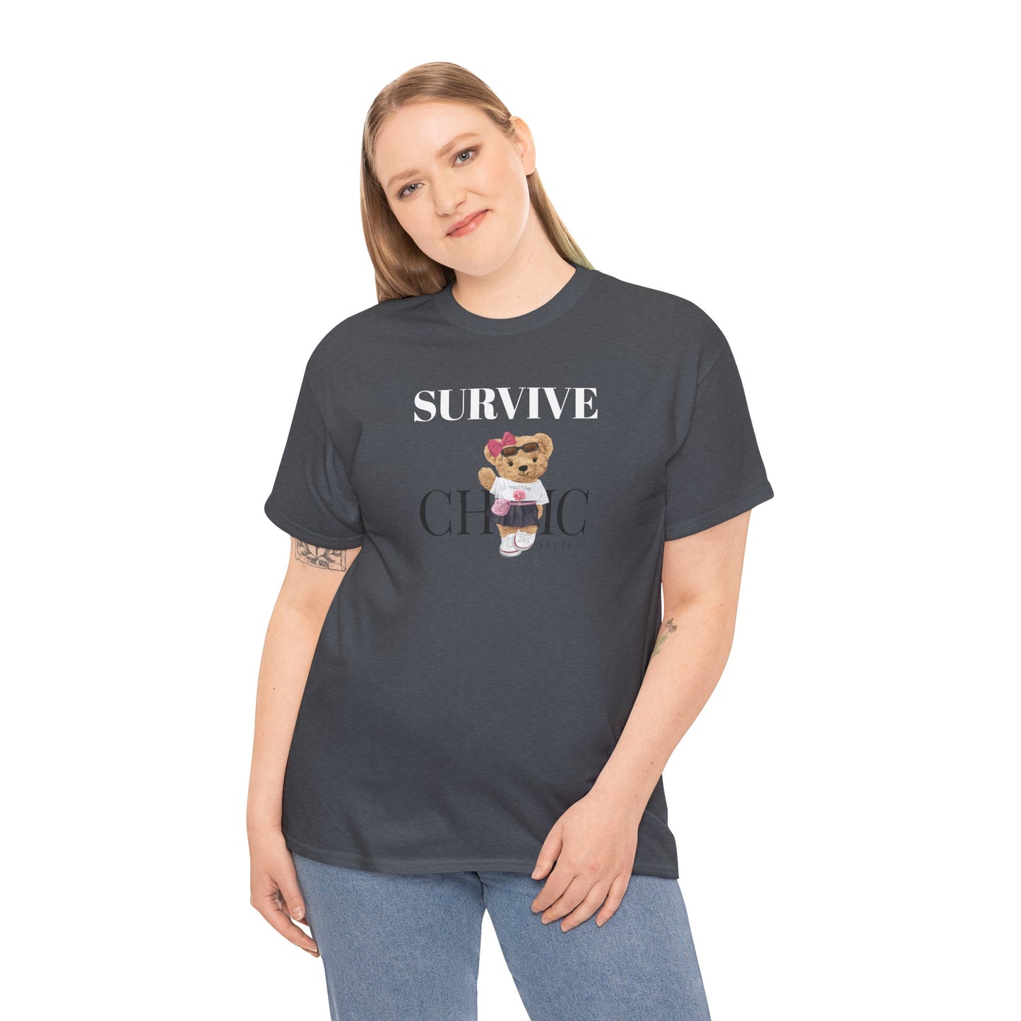 Princess Grace Survive Chic Unisex Heavy Cotton Tee Cute Bear Graphic T-Shirt for Casual Style