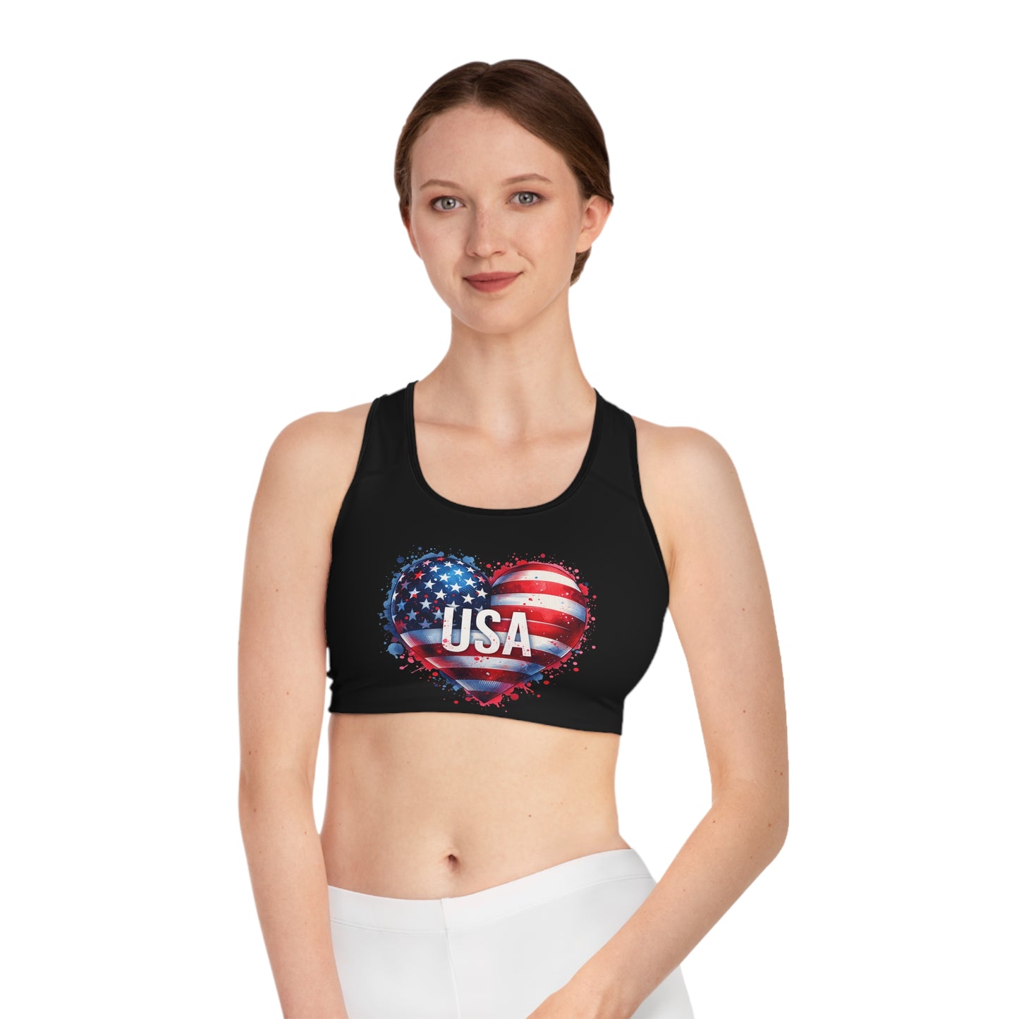 Princess Grace Patriotic Sports Bra USA Heart Design for Fitness & Activewear