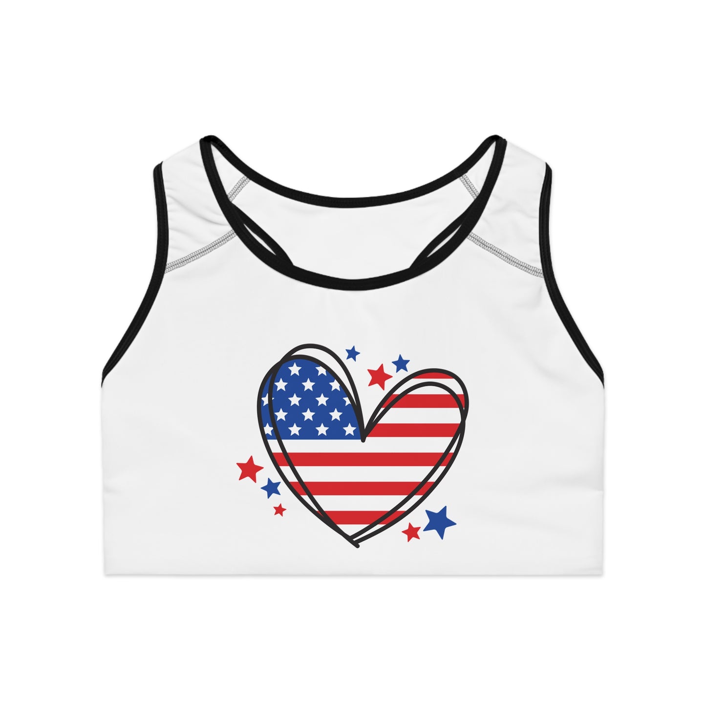 Princess Grace Patriotic Heart Sports Bra Red White & Blue Activewear for Independence Day