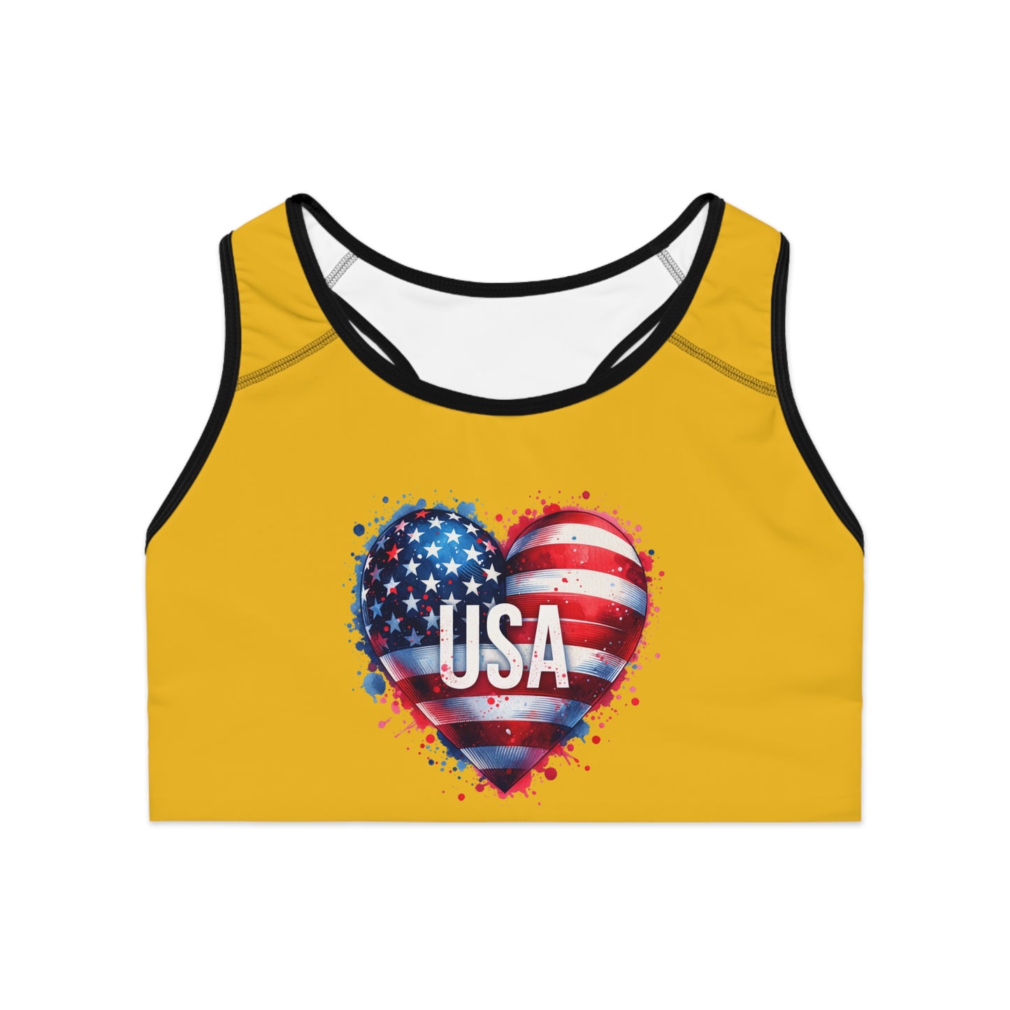 Princess Grace USA Heart Sports Bra Yellow Activewear for Patriotic Fitness Enthusiasts