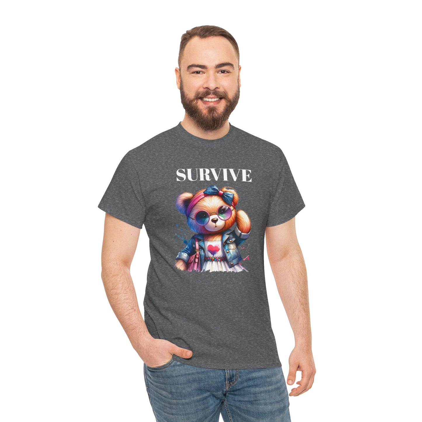 Princess Grace Survive Bear Unisex Heavy Cotton Tee Cute Graphic Tee for Casual Adventures