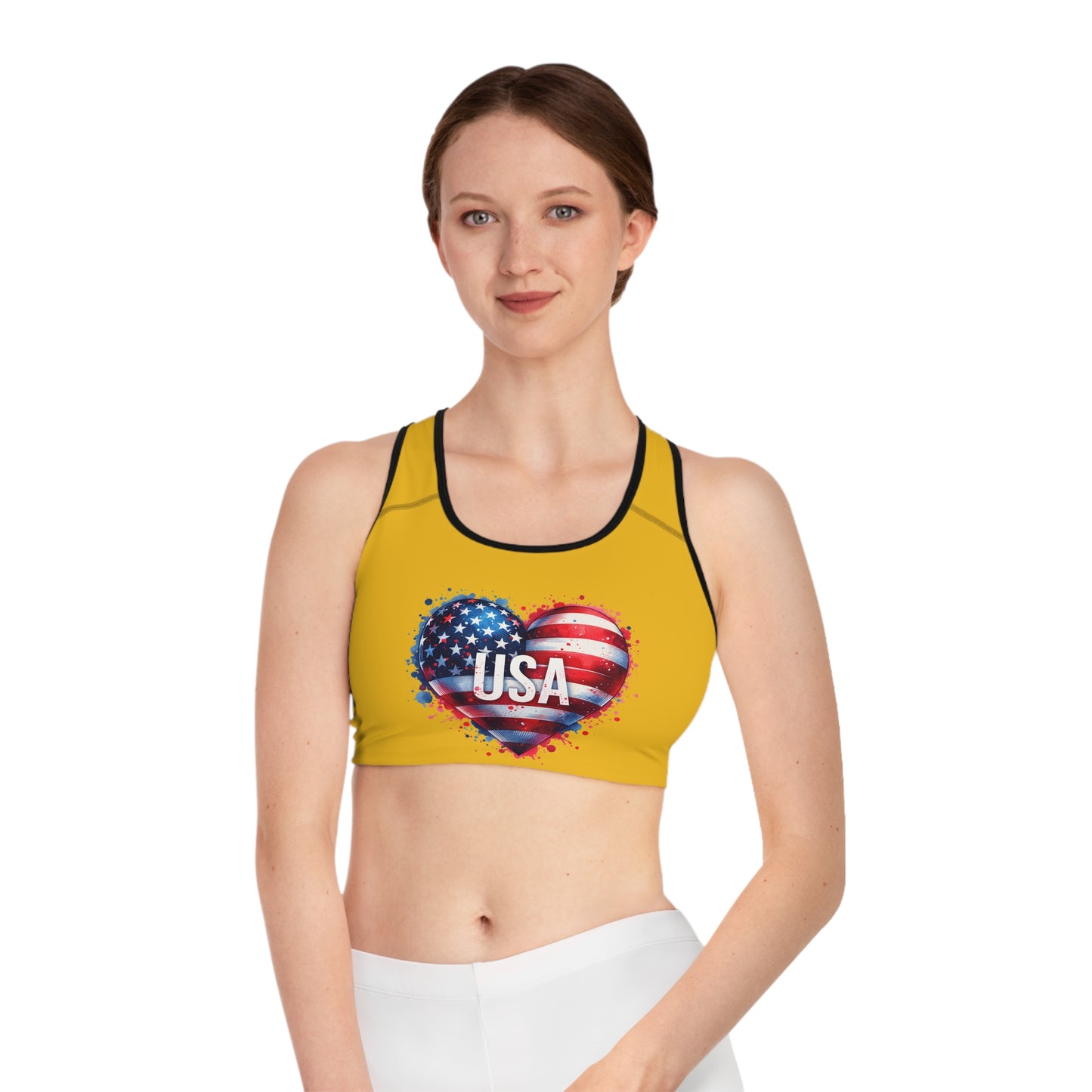 Princess Grace USA Heart Sports Bra Yellow Activewear for Patriotic Fitness Enthusiasts