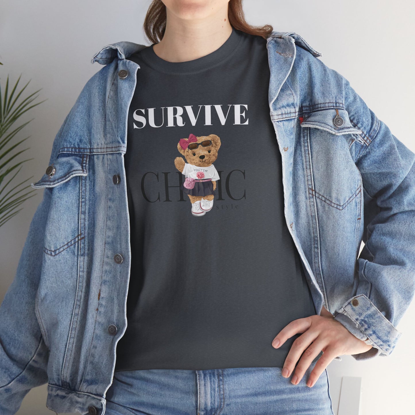 Princess Grace Survive Chic Unisex Heavy Cotton Tee Cute Bear Graphic T-Shirt for Casual Style
