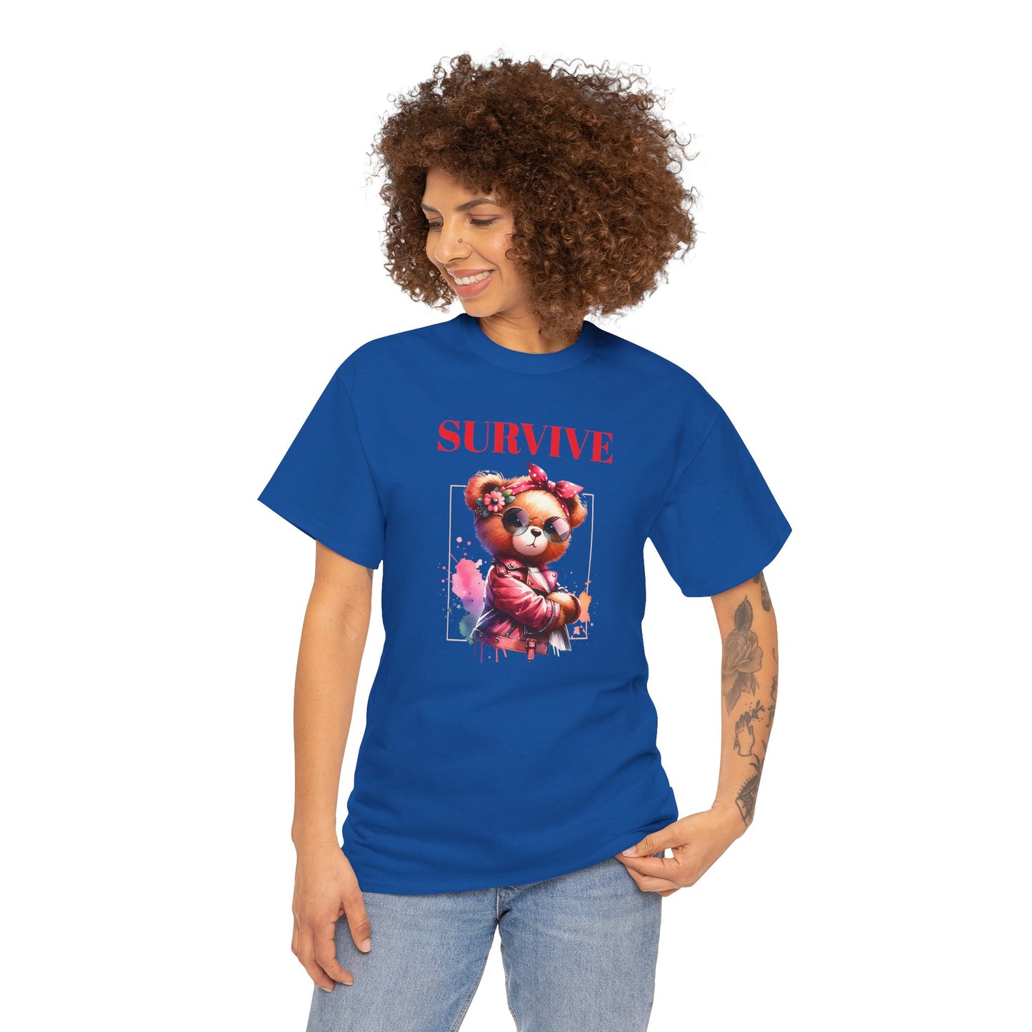Princess Grace Survive Bear Unisex Heavy Cotton Tee Trendy Graphic T-Shirt for Casual Style