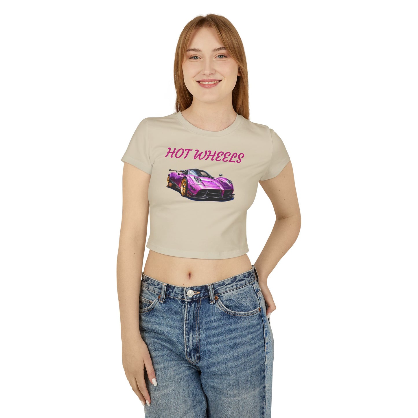 Princess Grace Women's Hot Wheels Baby Tee Cute Pink Race Car Graphic T-Shirt