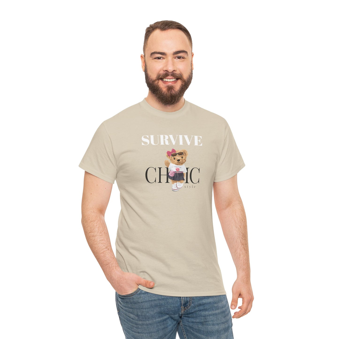 Princess Grace Survive Chic Unisex Heavy Cotton Tee Cute Bear Graphic T-Shirt for Casual Style