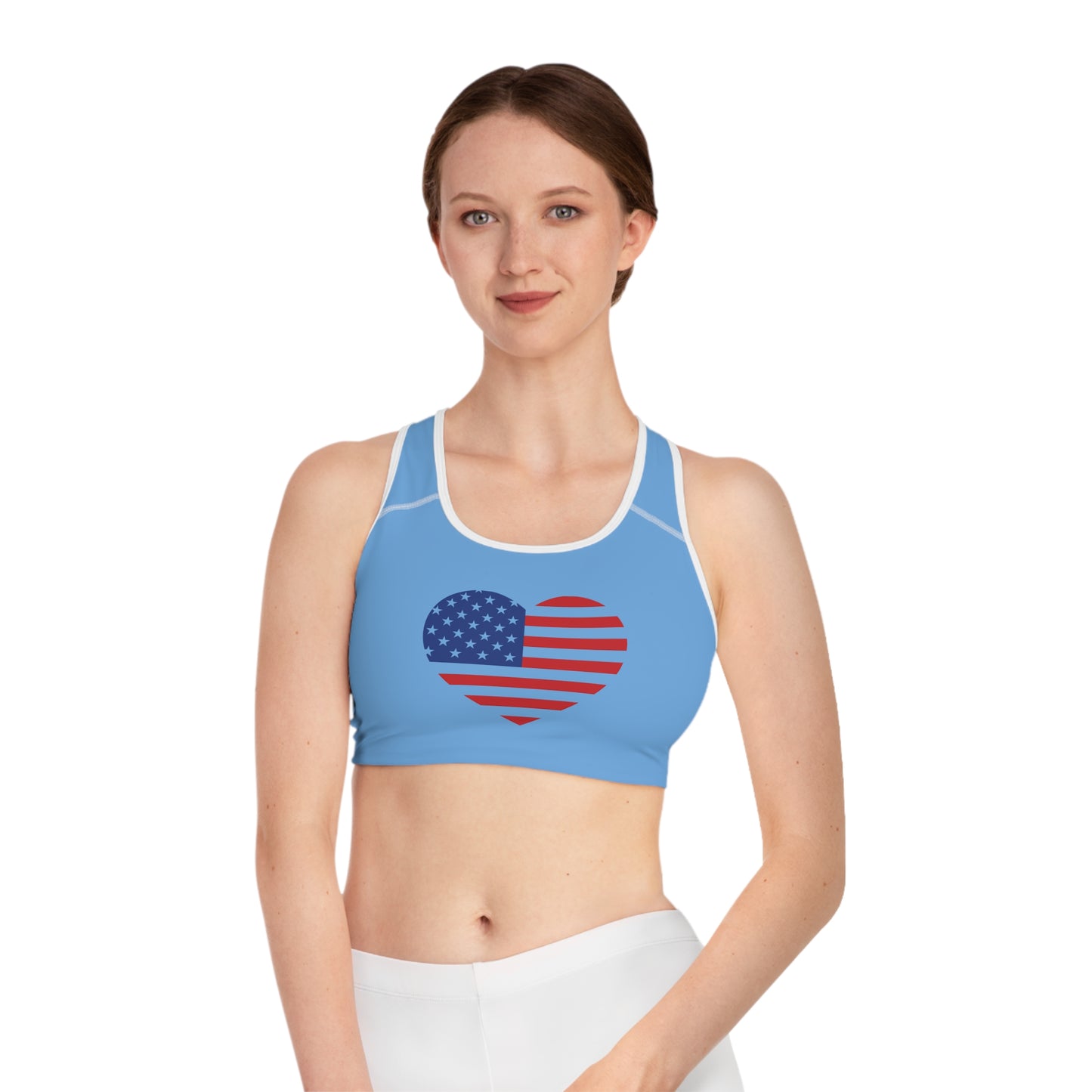 Princess Grace Patriotic Heart Sports Bra USA Flag Design for Active Women