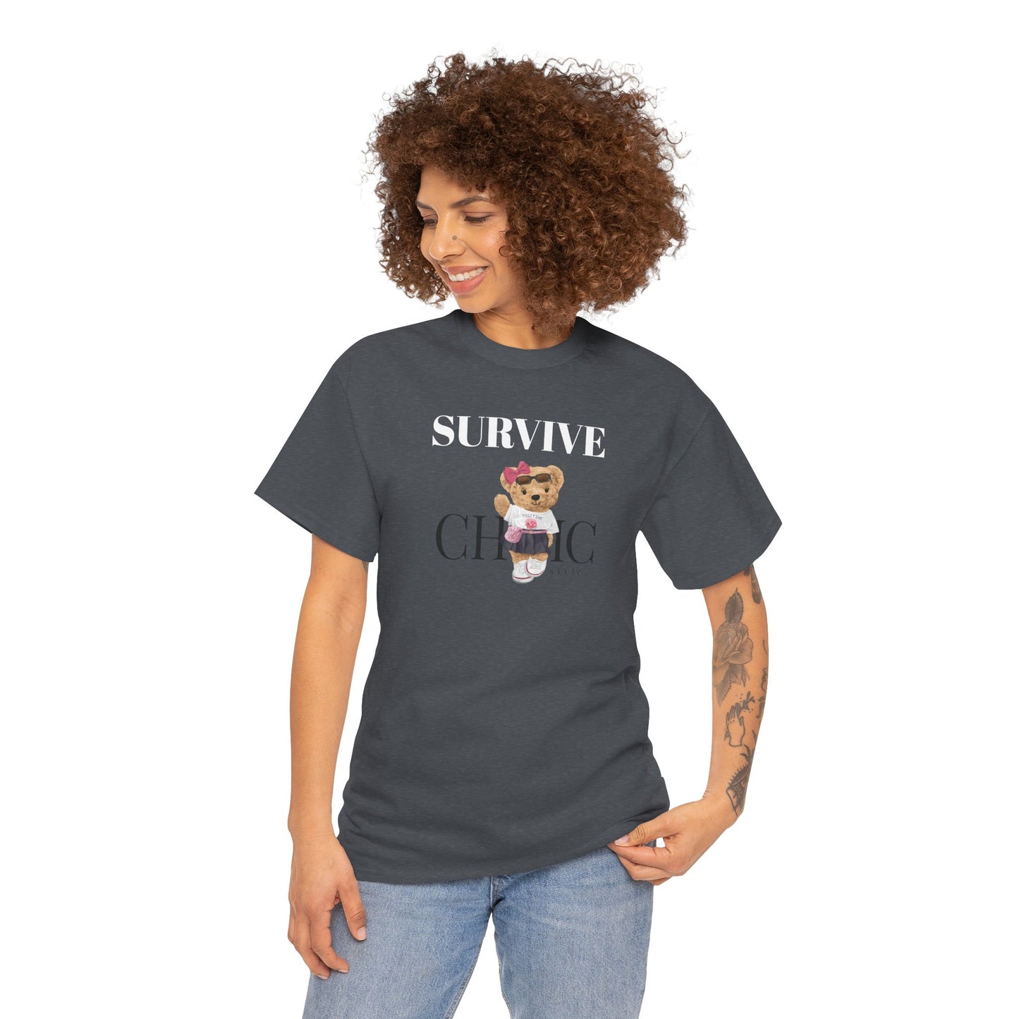 Princess Grace Survive Chic Unisex Heavy Cotton Tee Cute Bear Graphic T-Shirt for Casual Style