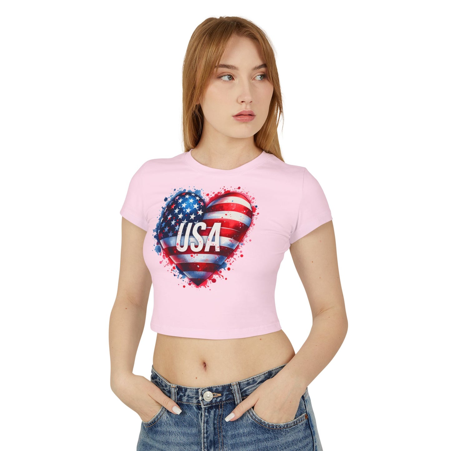 Princess Grace USA Heart Women's Baby Tee Patriotic Crop Top for Independence Day
