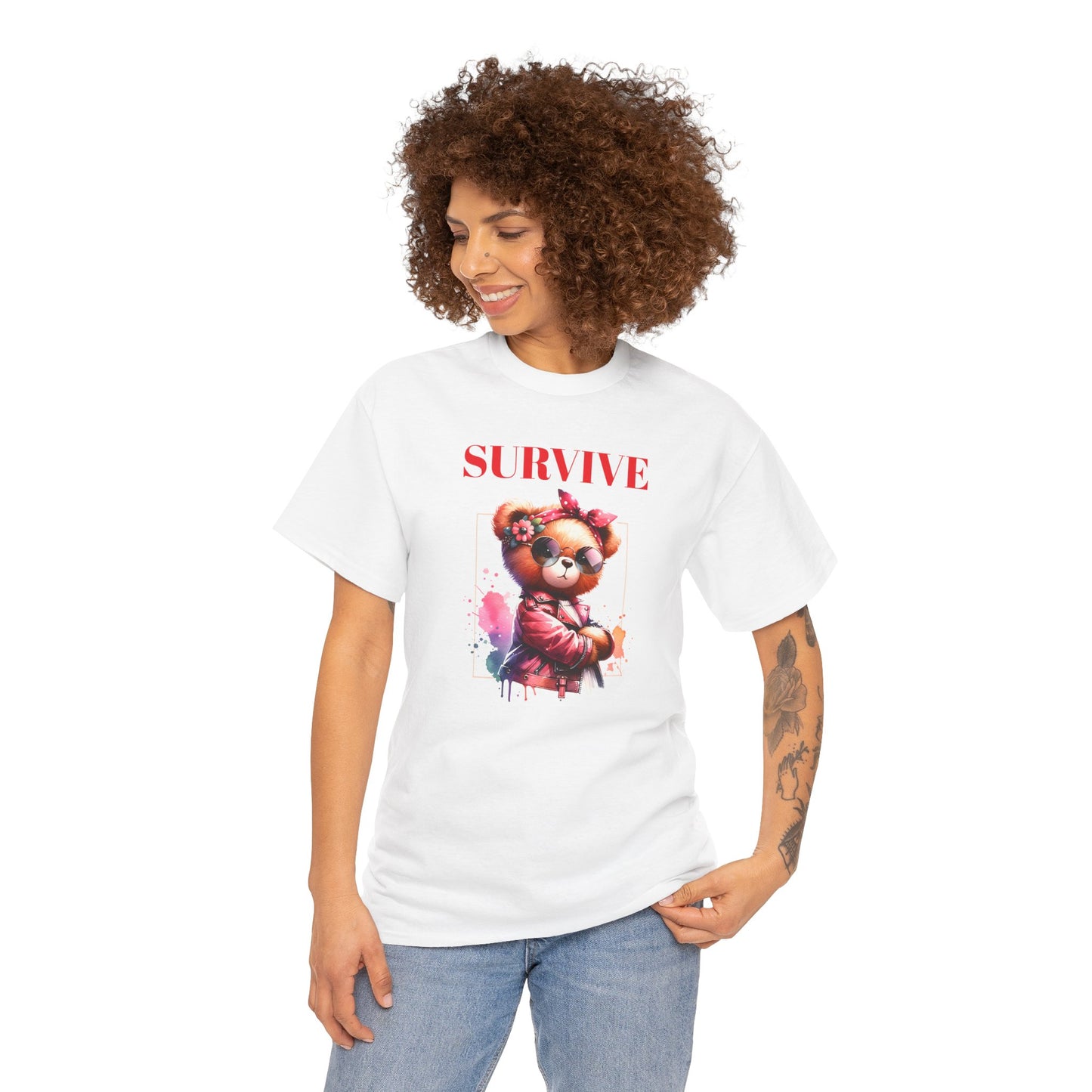 Princess Grace Survive Bear Unisex Heavy Cotton Tee Trendy Graphic T-Shirt for Casual Style