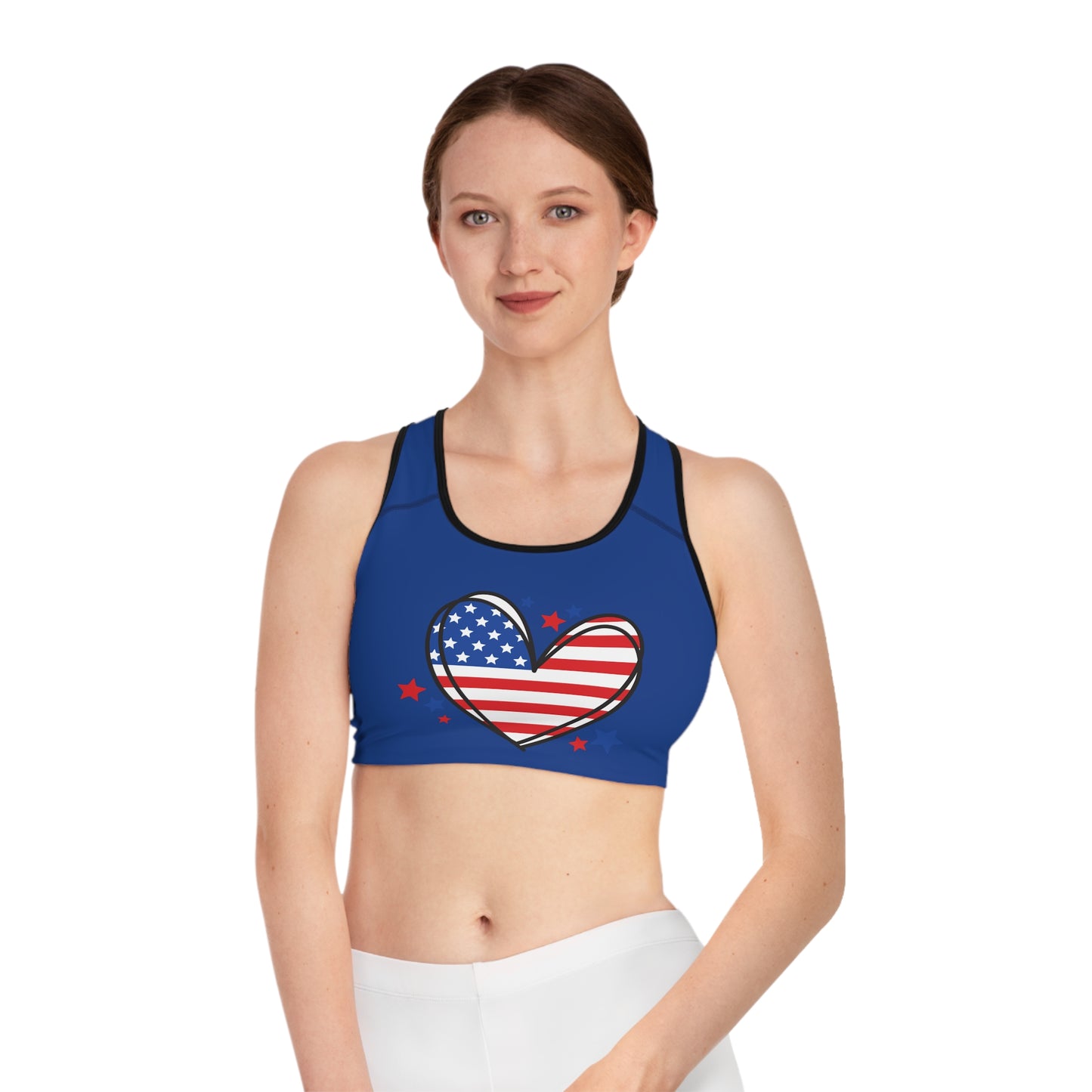 Princess Grace Patriotic Heart Sports Bra USA Flag Design for Activewear