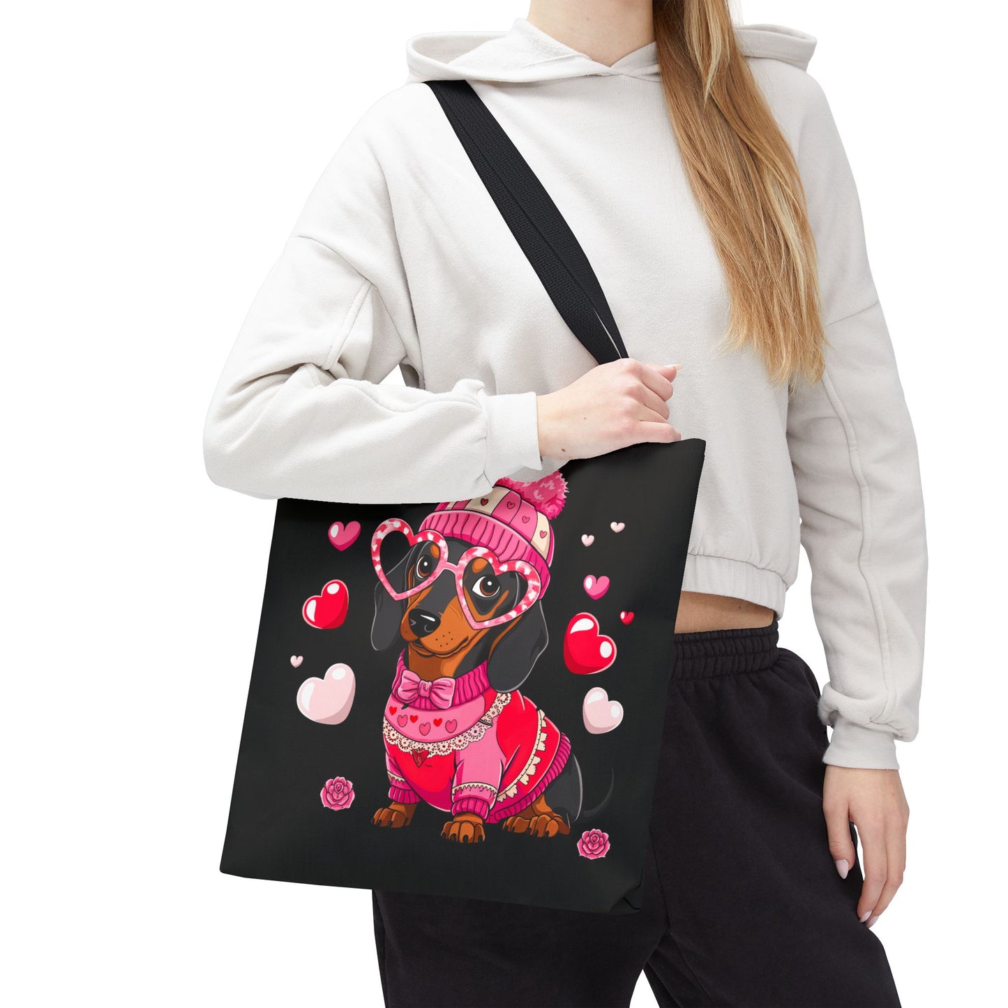 Princess Grace Cute Dog Lover Tote Bag Adorable Valentines Gift with Heart and Pink Sweater Design