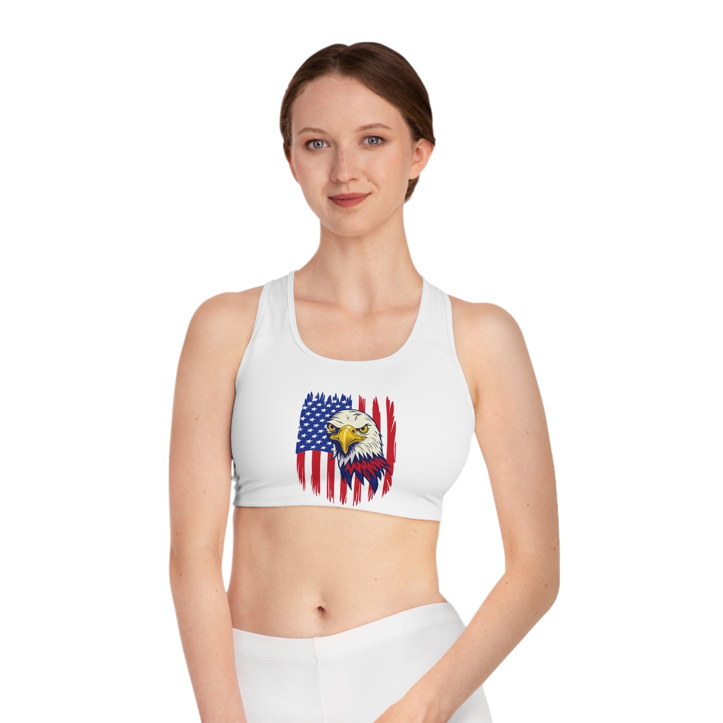 Princess Grace Patriotic Eagle Sports Bra USA Flag Design, Perfect for Workouts and Celebrations