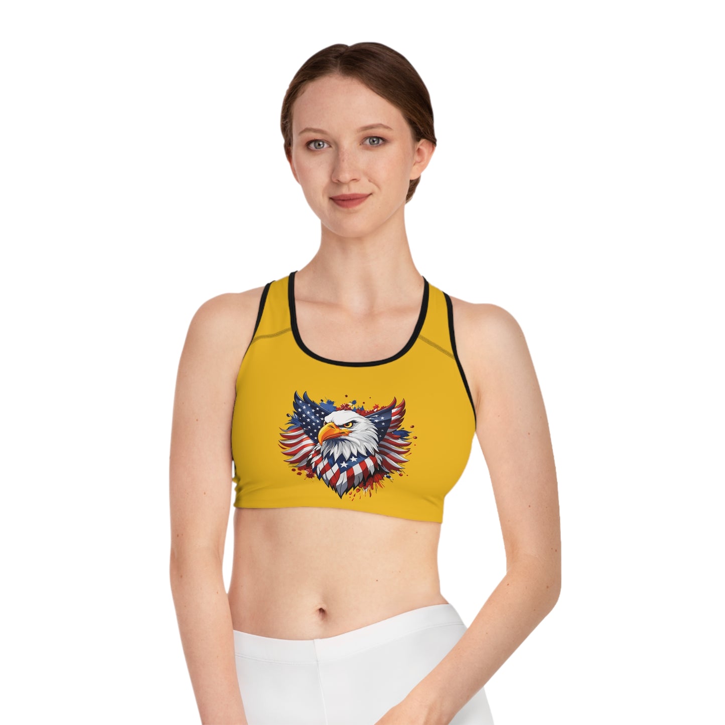 Princess Grace Eagle Pride Sports Bra with American Flag Design