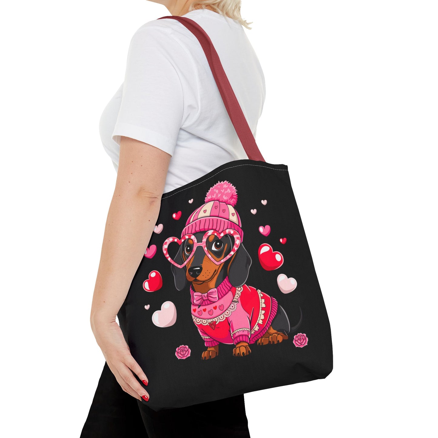 Princess Grace Cute Dog Lover Tote Bag Adorable Valentines Gift with Heart and Pink Sweater Design