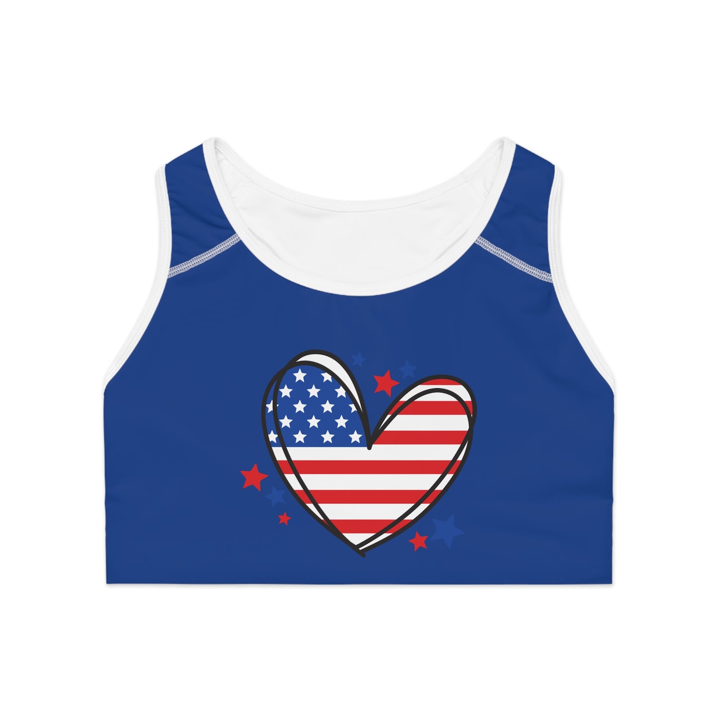 Princess Grace Patriotic Heart Sports Bra USA Flag Design for Activewear