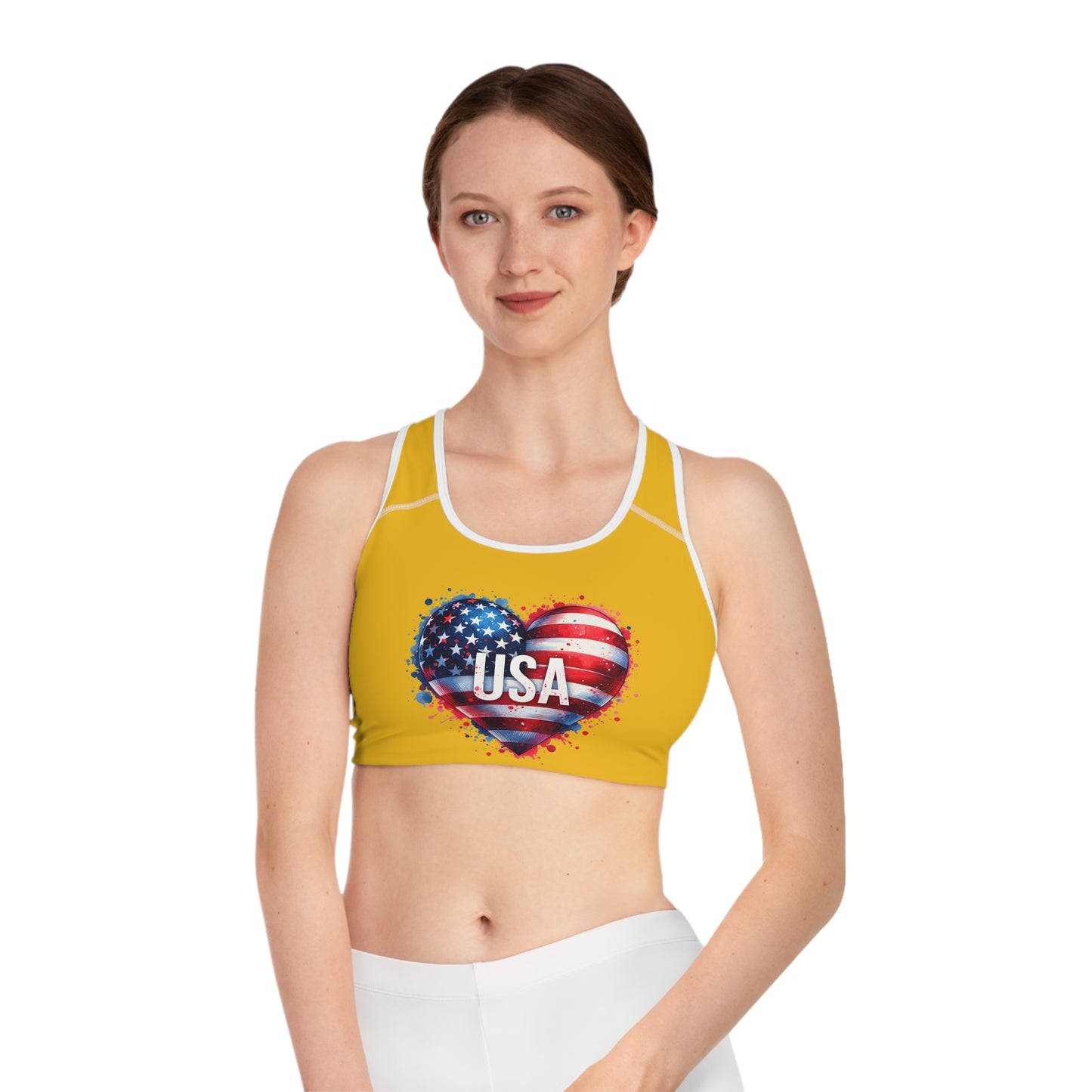 Princess Grace USA Heart Sports Bra Yellow Activewear for Patriotic Fitness Enthusiasts