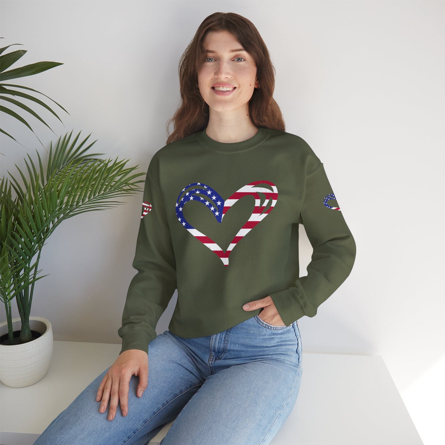 Princess Grace Patriotic Heart Sweatshirt Unisex Heavy Blend Crewneck with Candy Cane Design
