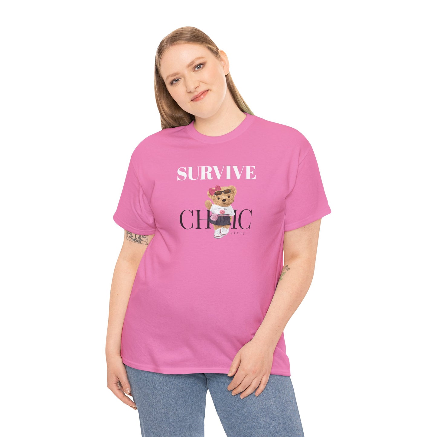 Princess Grace Survive Chic Unisex Heavy Cotton Tee Cute Bear Graphic T-Shirt for Casual Style
