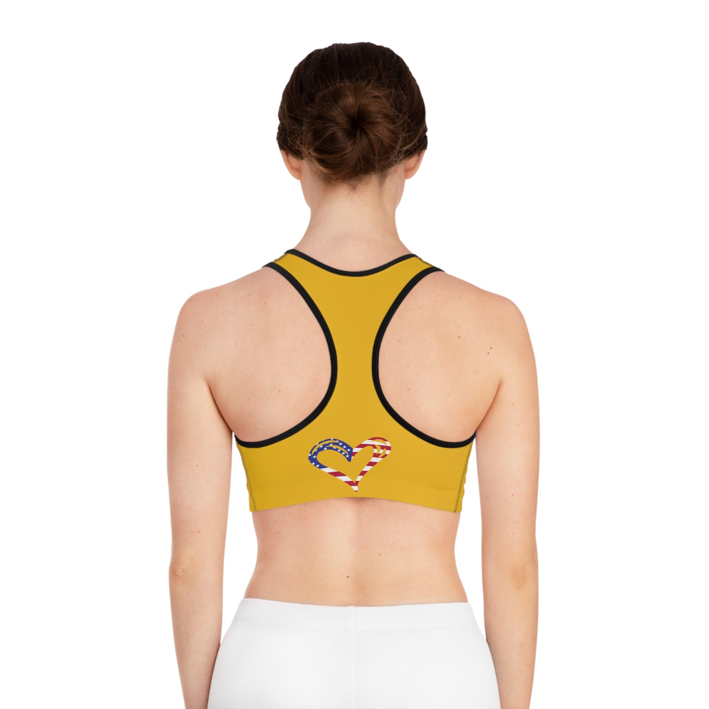 Princess Grace Patriotic Heart Sports Bra Yellow Fitness Top for Active Women