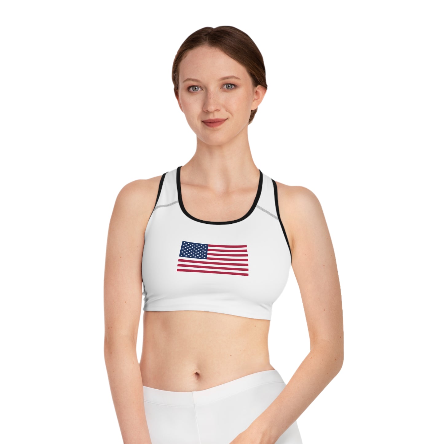 Princess Grace Patriotic Sports Bra with American Flag Print