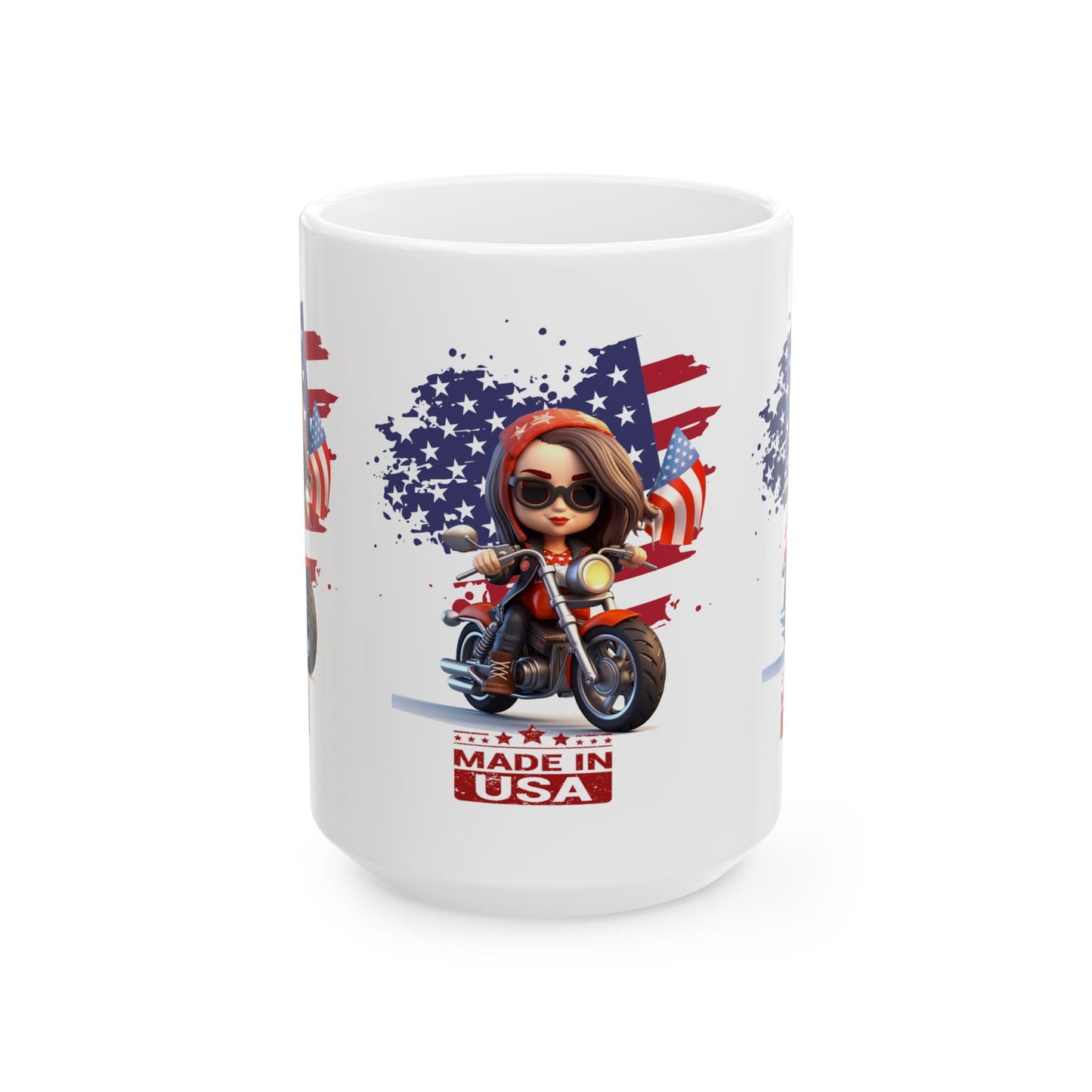 Princess Grace Patriotic Biker Ceramic Mug Made in USA Fun Motorcycle Design