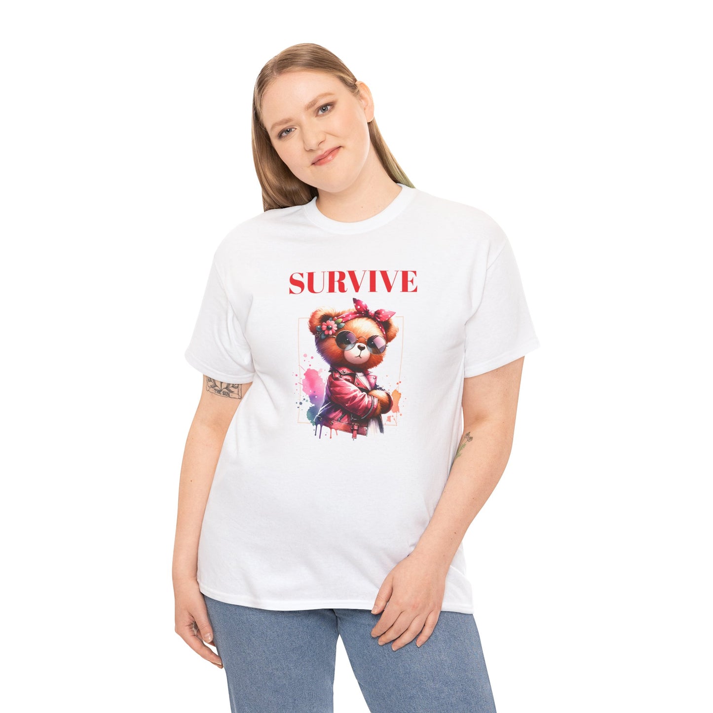 Princess Grace Survive Bear Unisex Heavy Cotton Tee Trendy Graphic T-Shirt for Casual Style