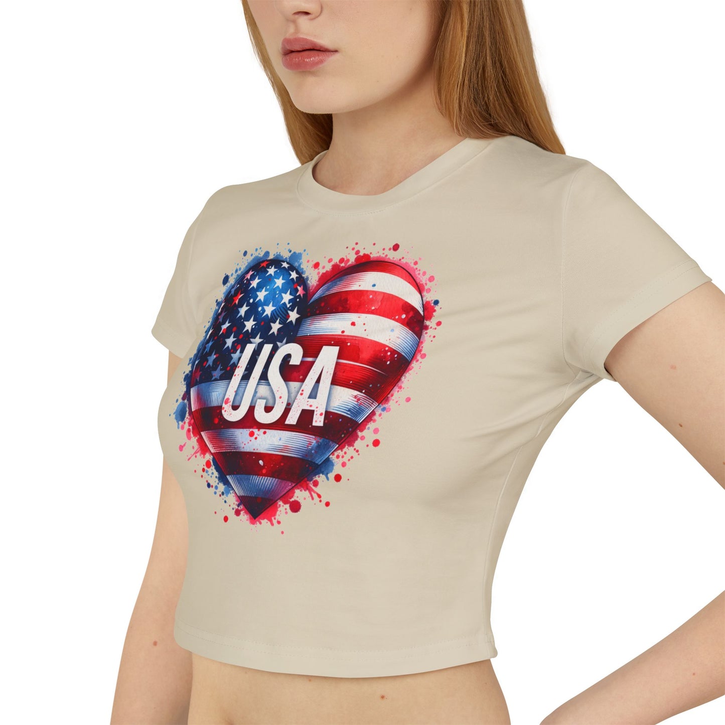 Princess Grace USA Heart Women's Baby Tee Patriotic Crop Top for Independence Day