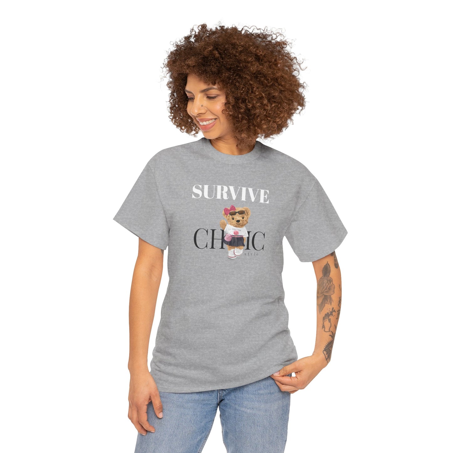 Princess Grace Survive Chic Unisex Heavy Cotton Tee Cute Bear Graphic T-Shirt for Casual Style