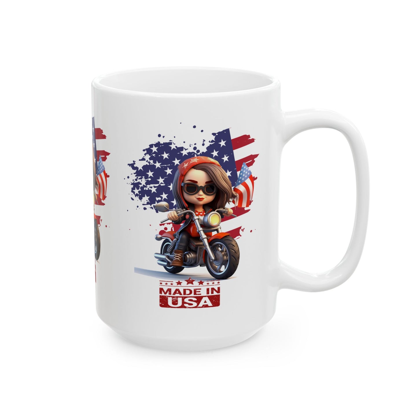 Princess Grace Patriotic Biker Ceramic Mug Made in USA Fun Motorcycle Design