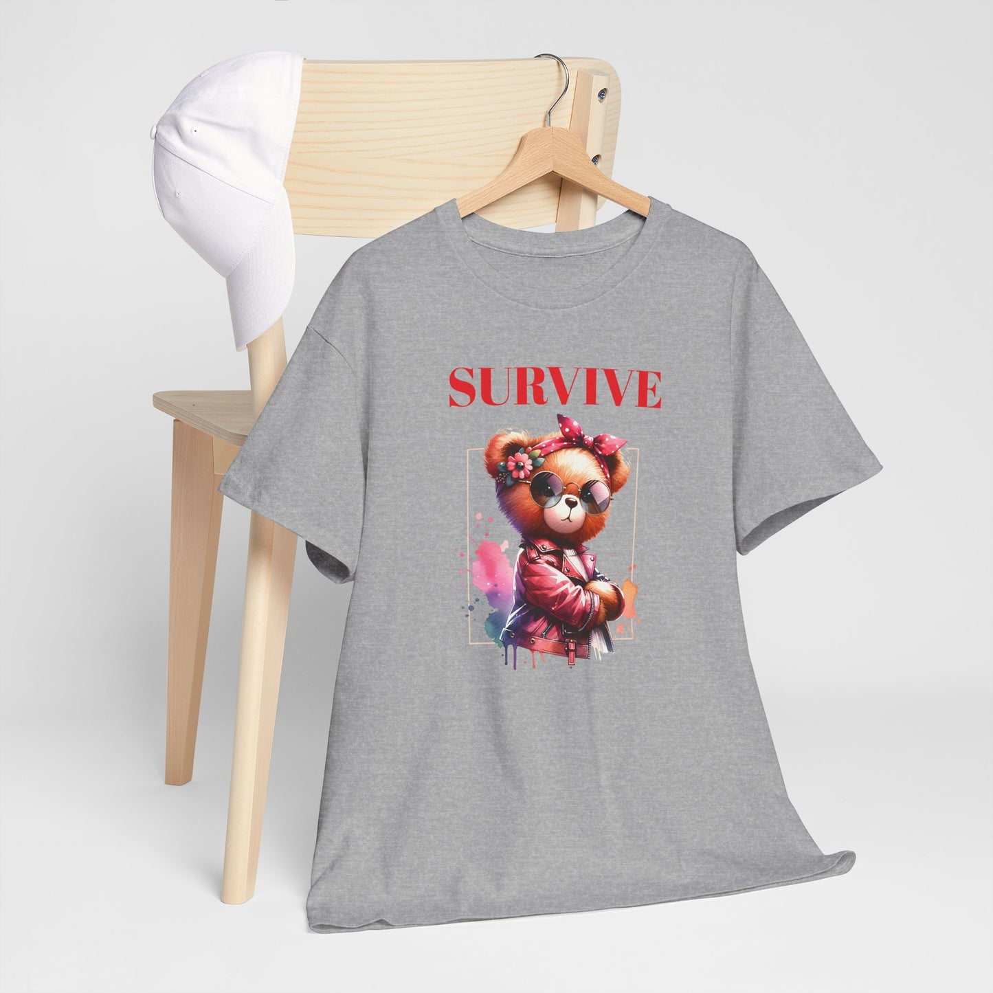 Princess Grace Survive Bear Unisex Heavy Cotton Tee Trendy Graphic T-Shirt for Casual Style