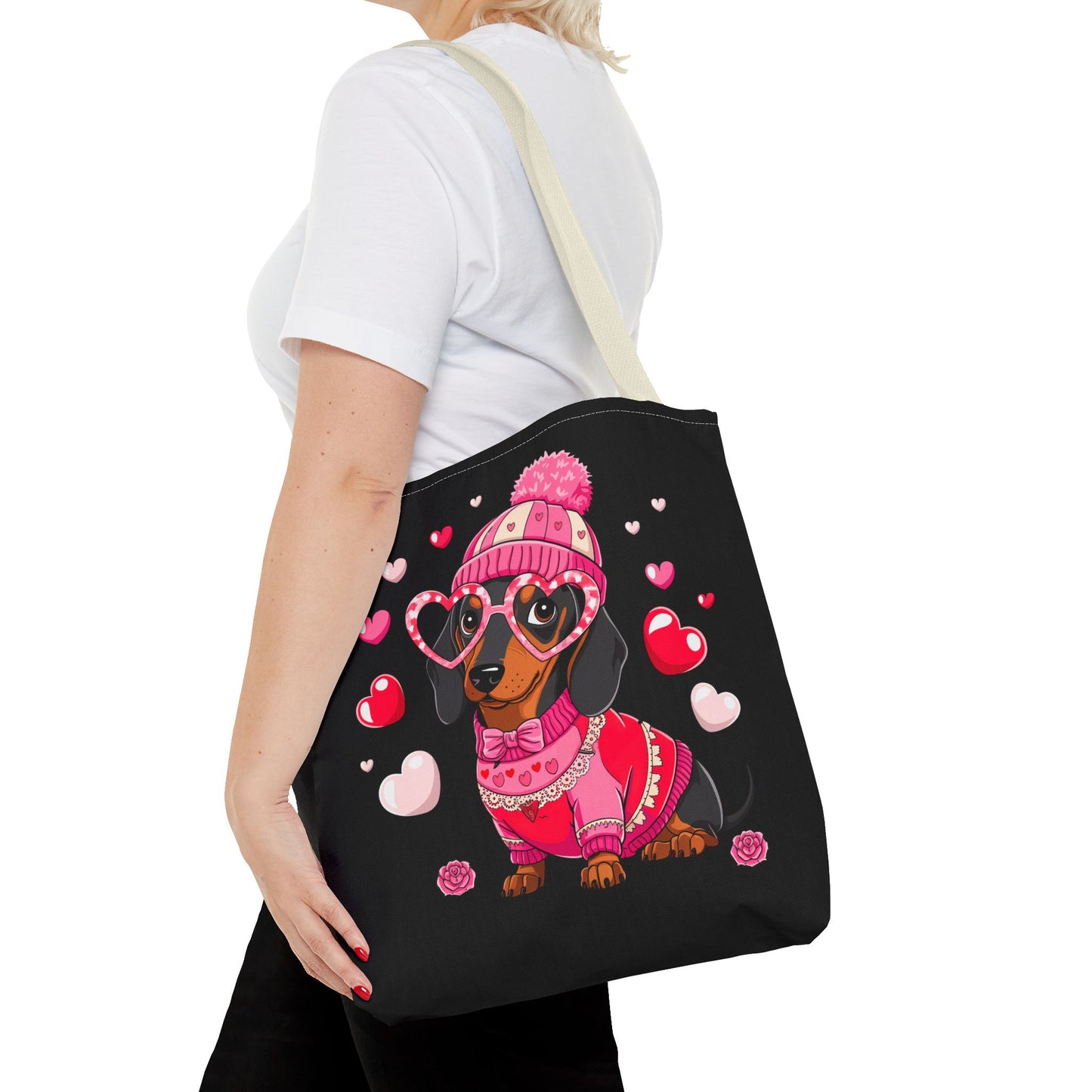 Princess Grace Cute Dog Lover Tote Bag Adorable Valentines Gift with Heart and Pink Sweater Design