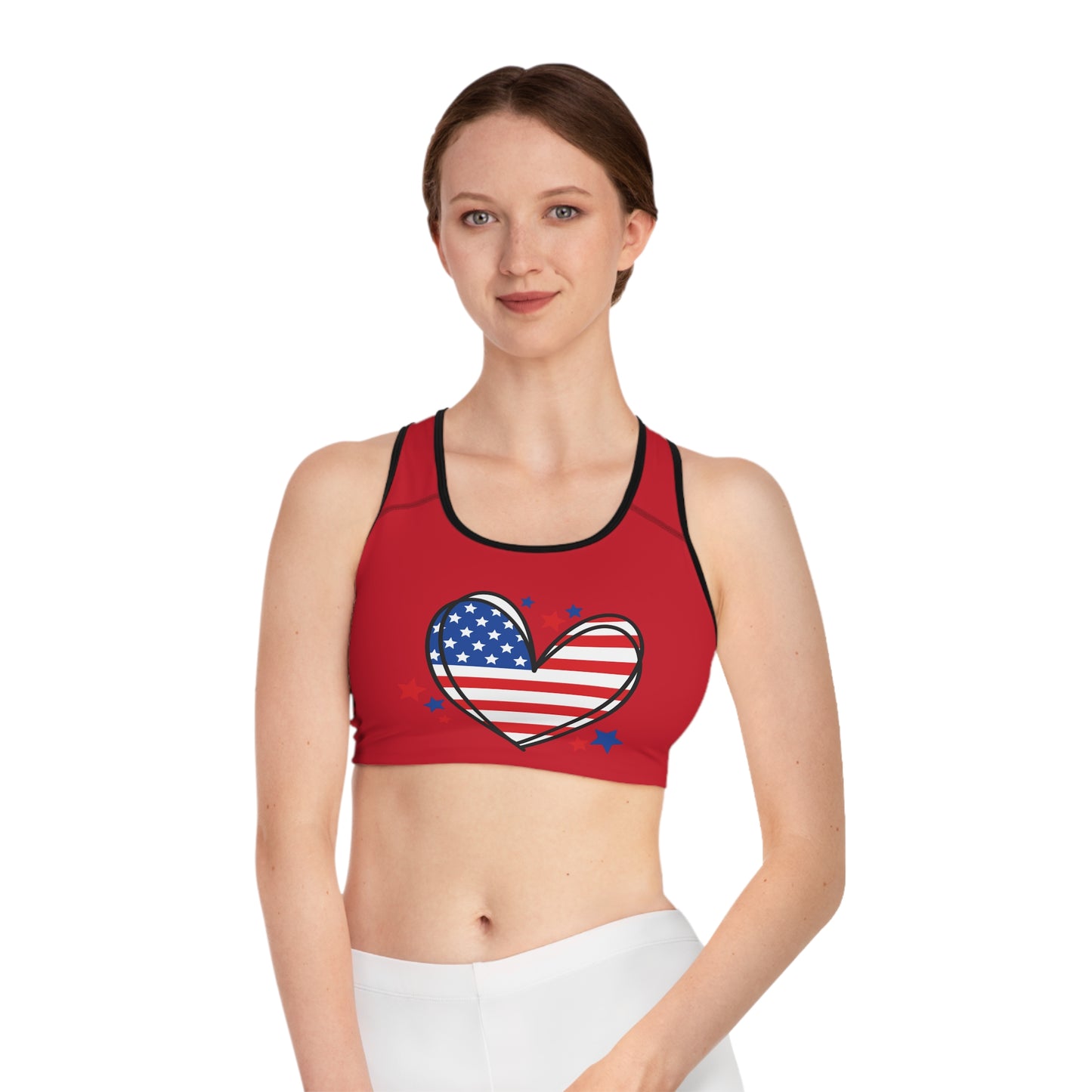 Princess Grace Patriotic Love Sports Bra Red Star-Heart Pattern for Active Lifestyle