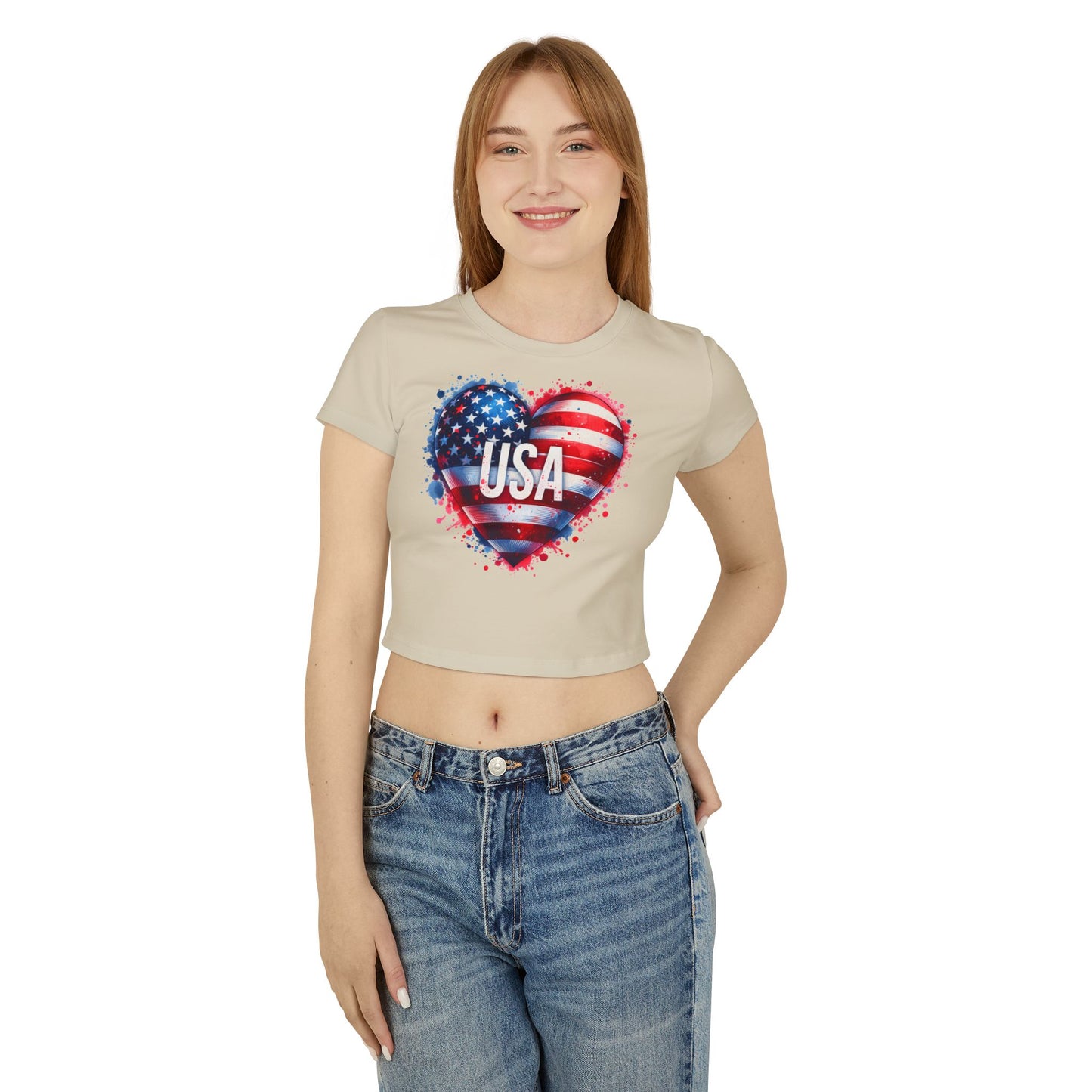 Princess Grace USA Heart Women's Baby Tee Patriotic Crop Top for Independence Day