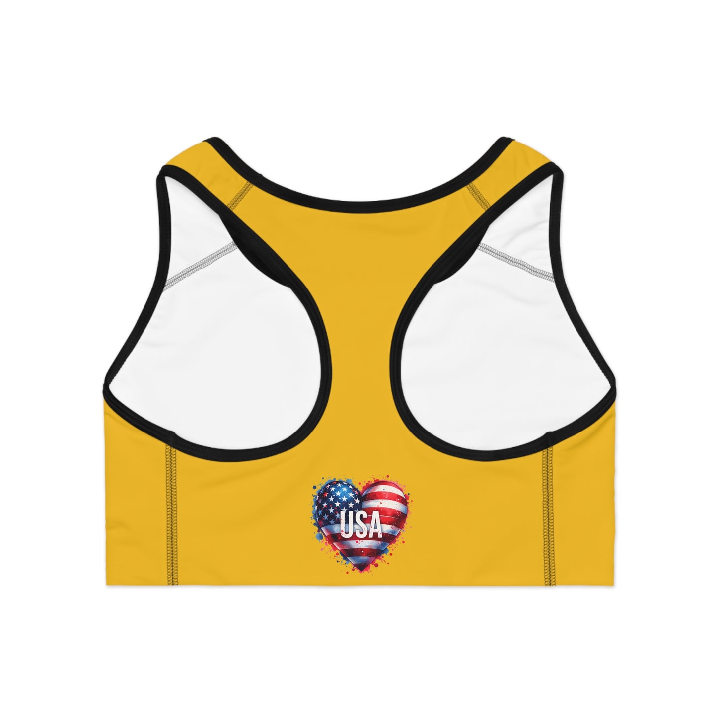 Princess Grace USA Heart Sports Bra Yellow Activewear for Patriotic Fitness Enthusiasts