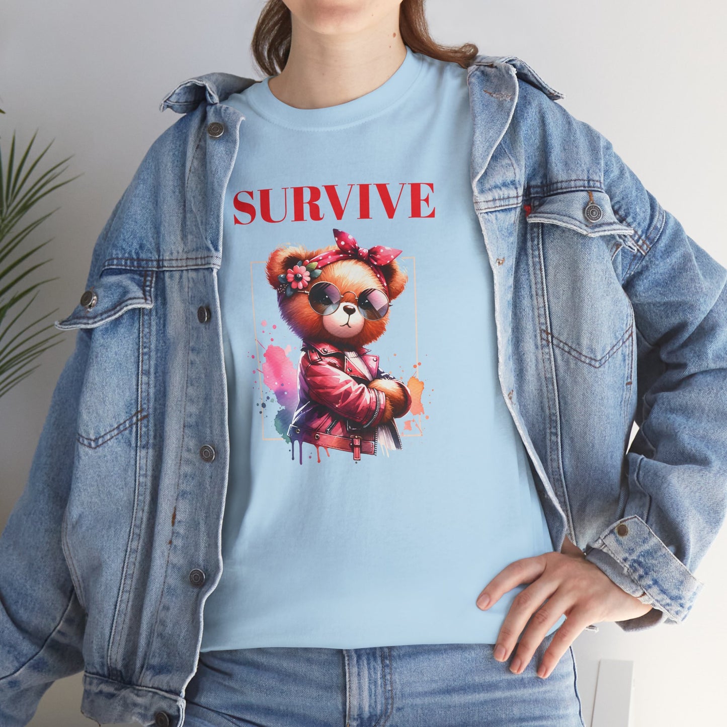 Princess Grace Survive Bear Unisex Heavy Cotton Tee Trendy Graphic T-Shirt for Casual Style