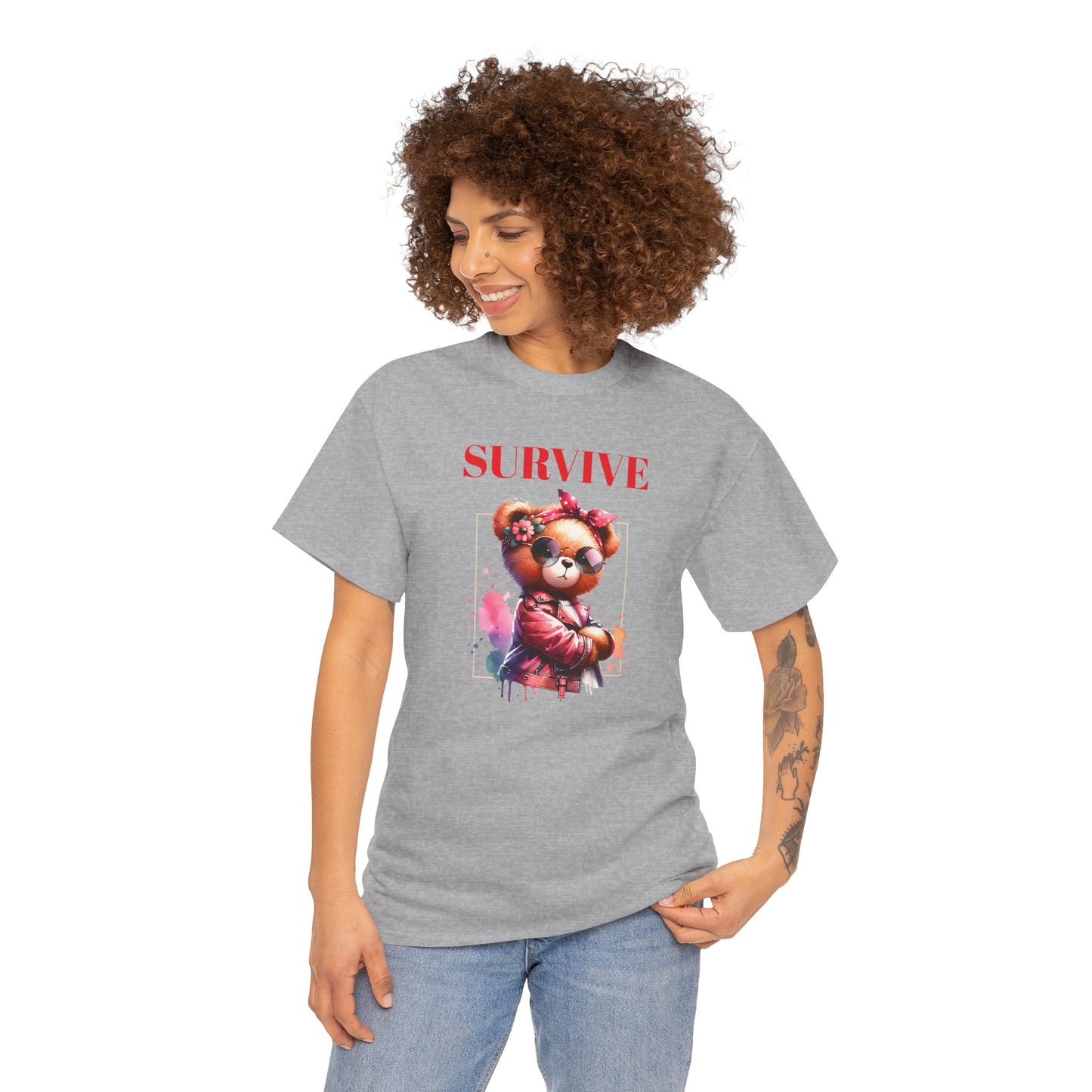 Princess Grace Survive Bear Unisex Heavy Cotton Tee Trendy Graphic T-Shirt for Casual Style