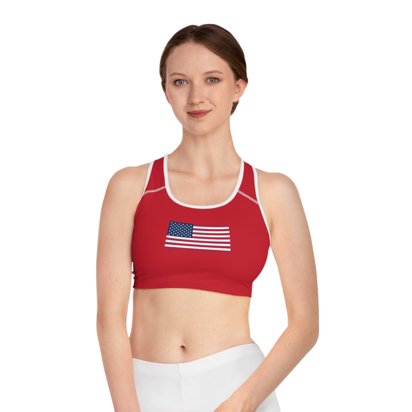 Princess Grace Patriotic Sports Bra Red with USA Flag Design for Activewear