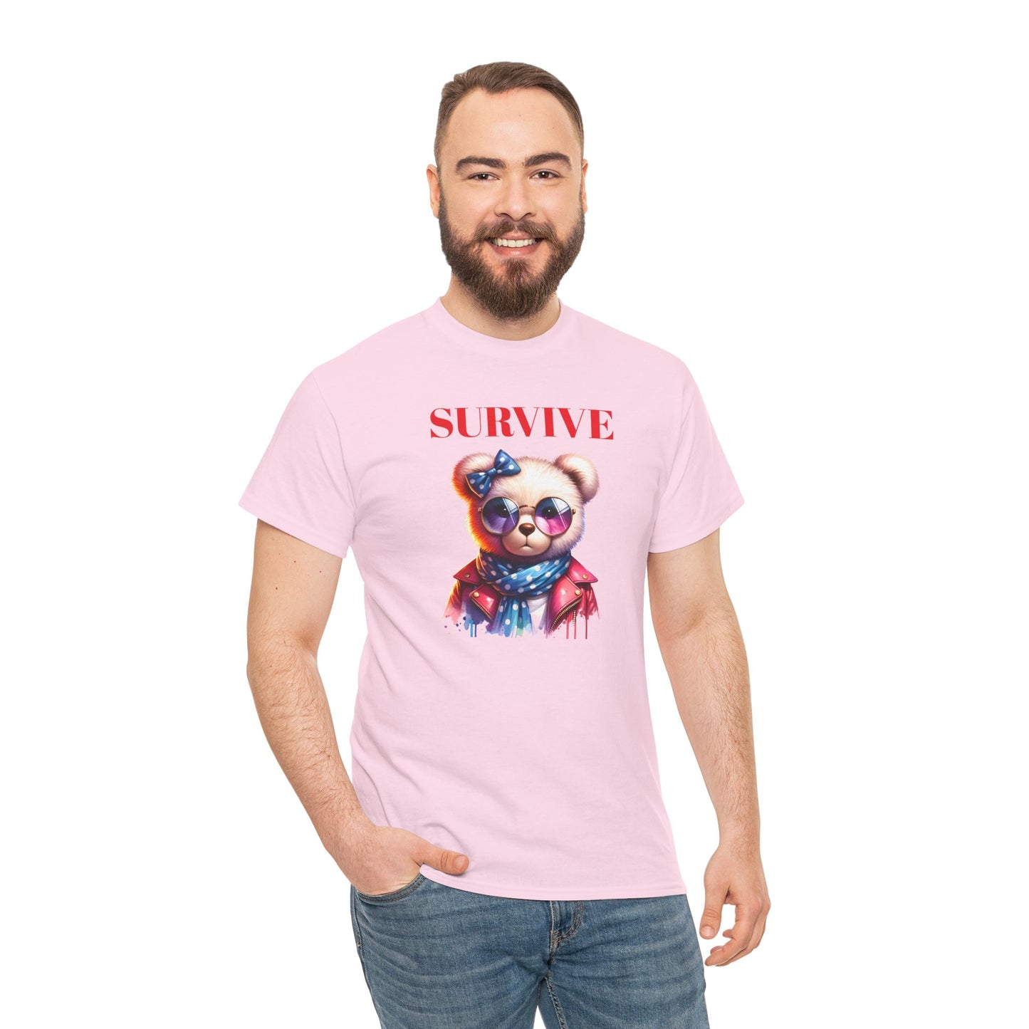Princess Grace Survive Bear Unisex Heavy Cotton Tee Trendy Graphic Shirt for Casual Wear