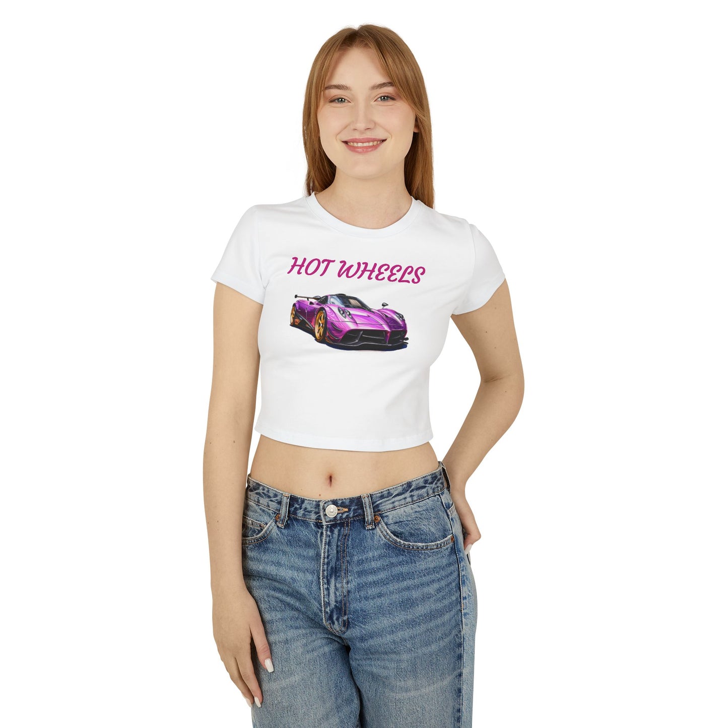 Princess Grace Women's Hot Wheels Baby Tee Cute Pink Race Car Graphic T-Shirt