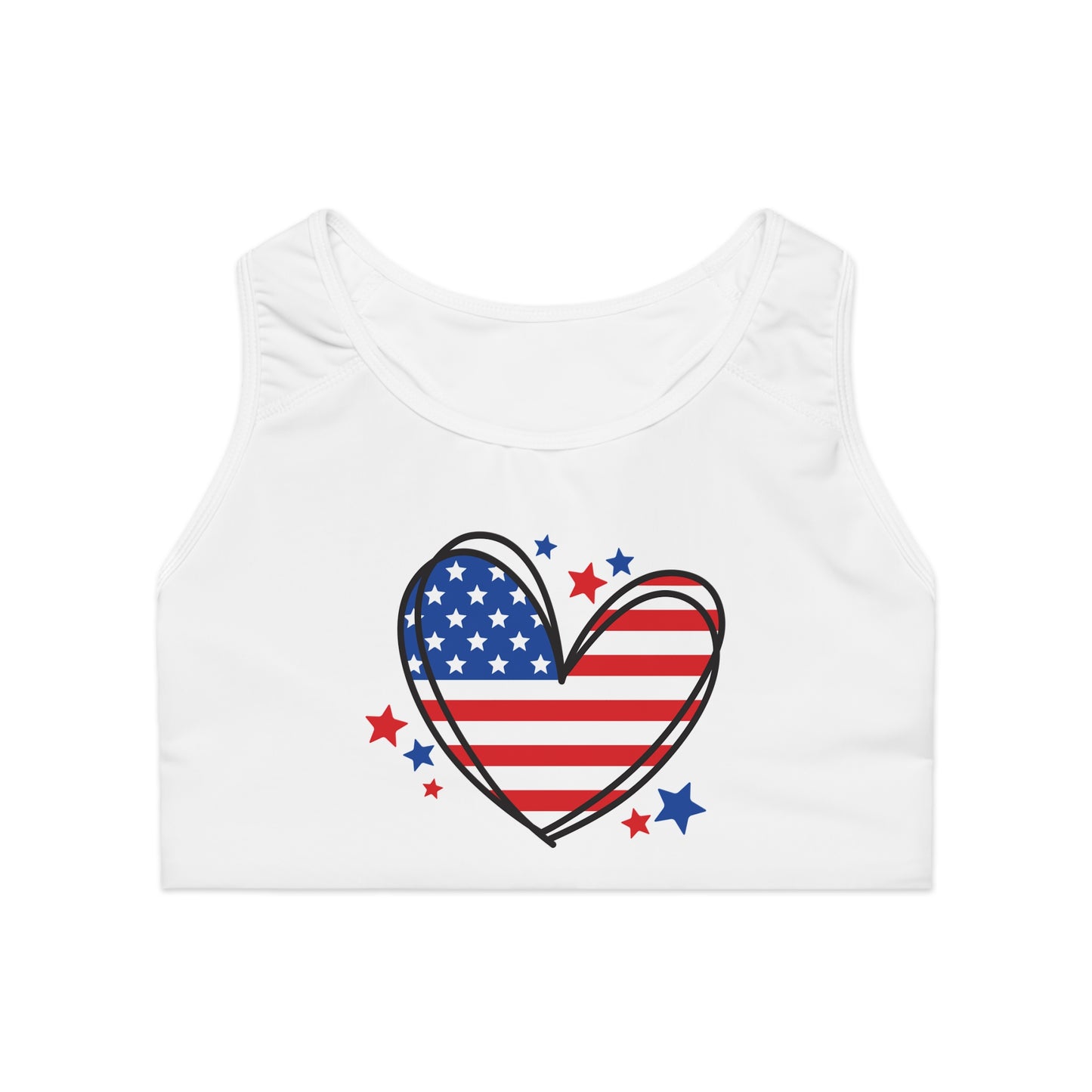 Princess Grace Patriotic Heart Sports Bra Red White & Blue Activewear for Independence Day