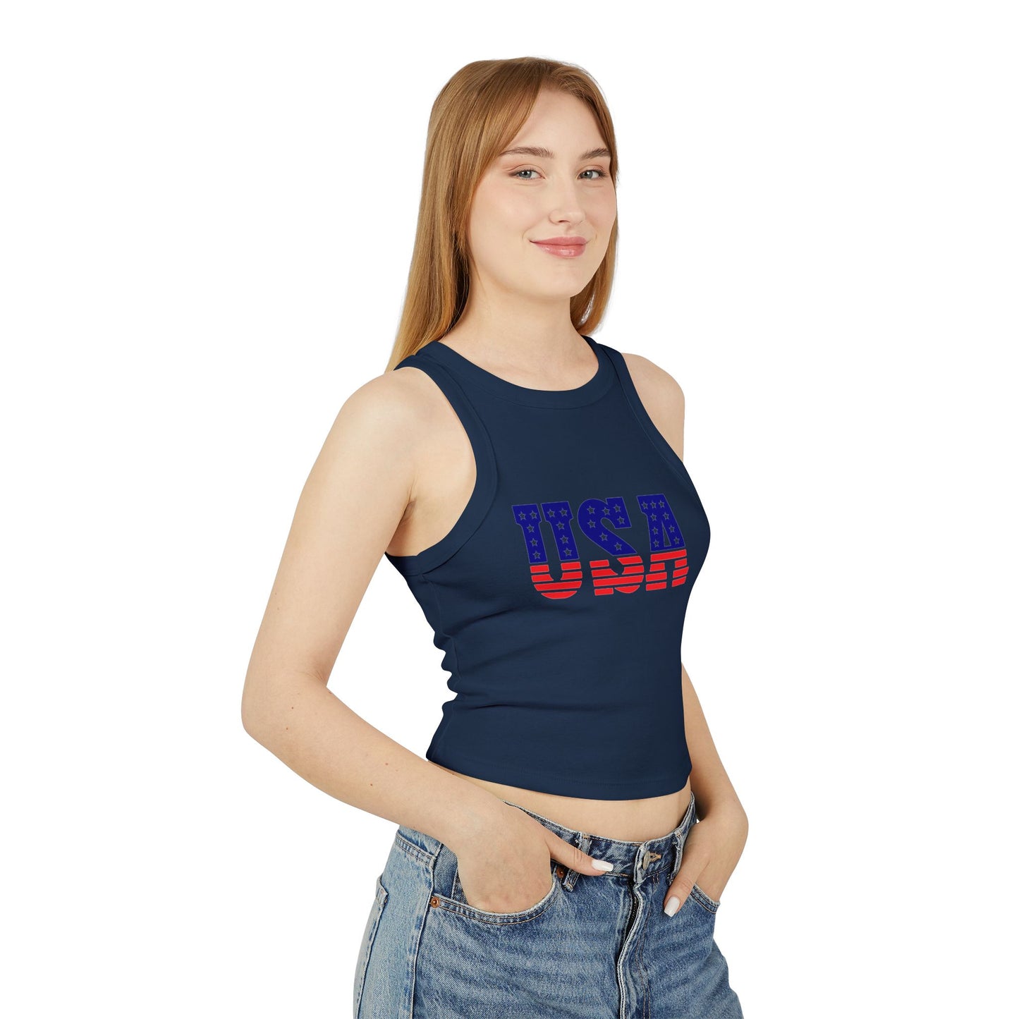 Princess Grace USA Flag Women's Micro Rib Racer Tank Top Patriotic Summer Wear