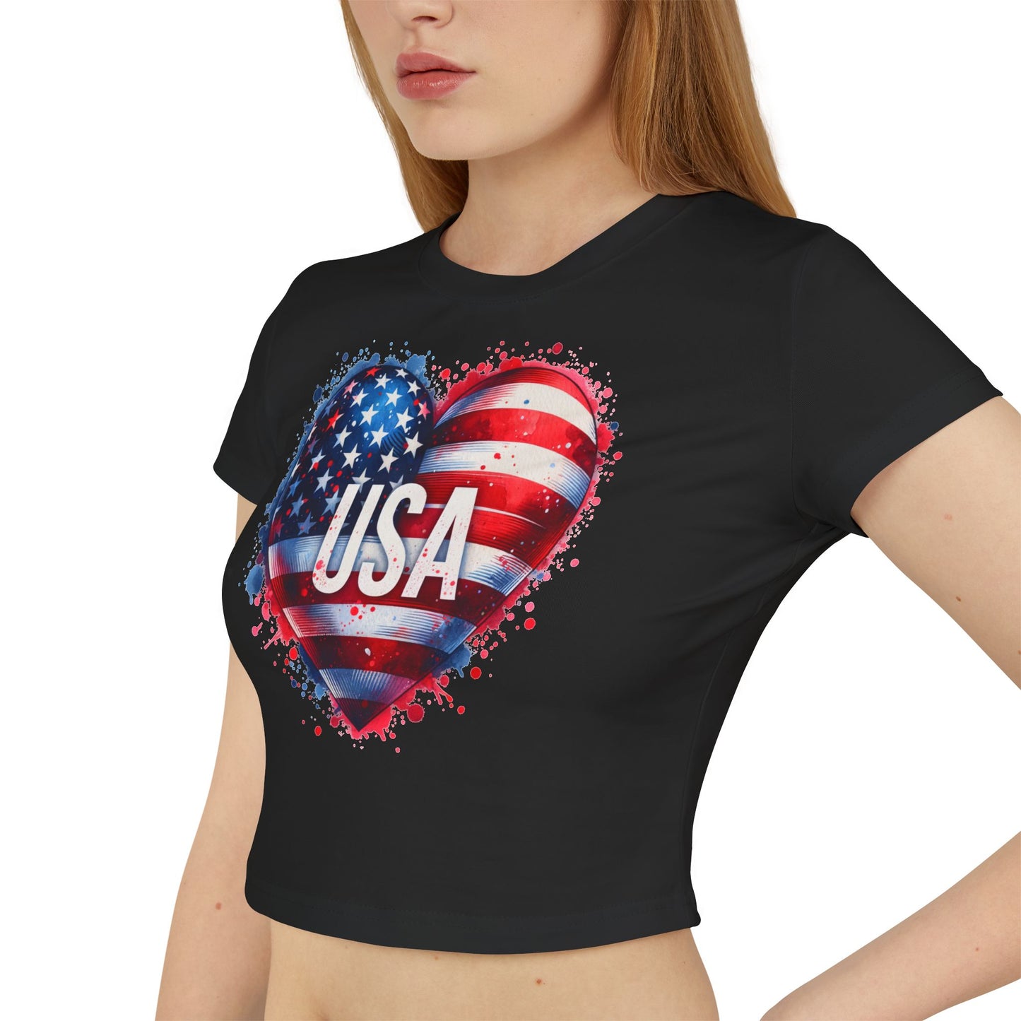 Princess Grace USA Heart Women's Baby Tee Patriotic Crop Top for Independence Day