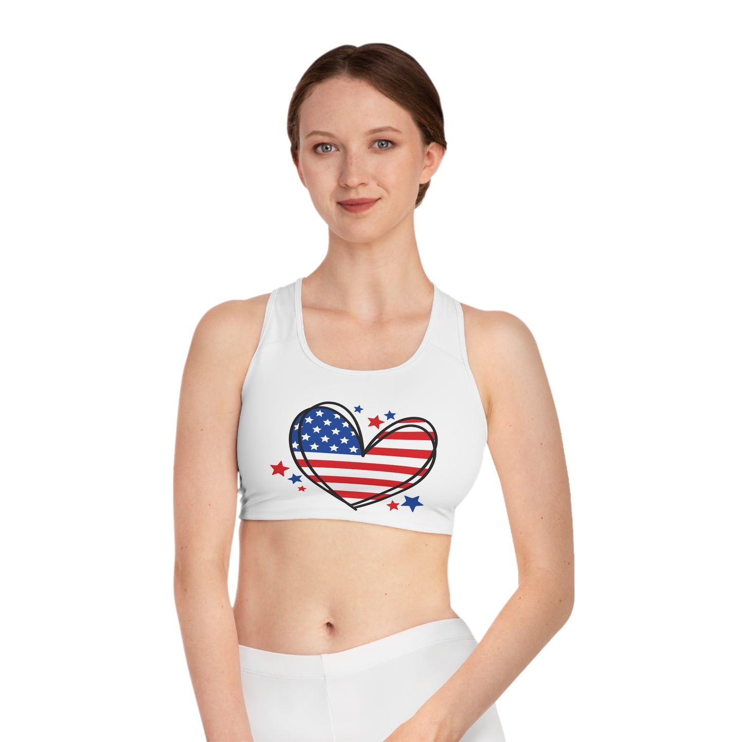Princess Grace Patriotic Heart Sports Bra Red White & Blue Activewear for Independence Day