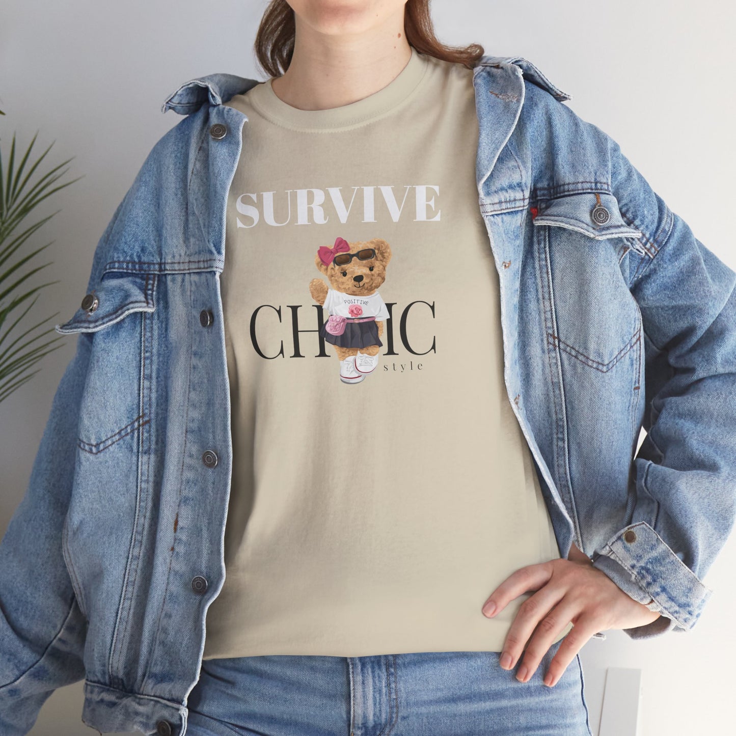 Princess Grace Survive Chic Unisex Heavy Cotton Tee Cute Bear Graphic T-Shirt for Casual Style