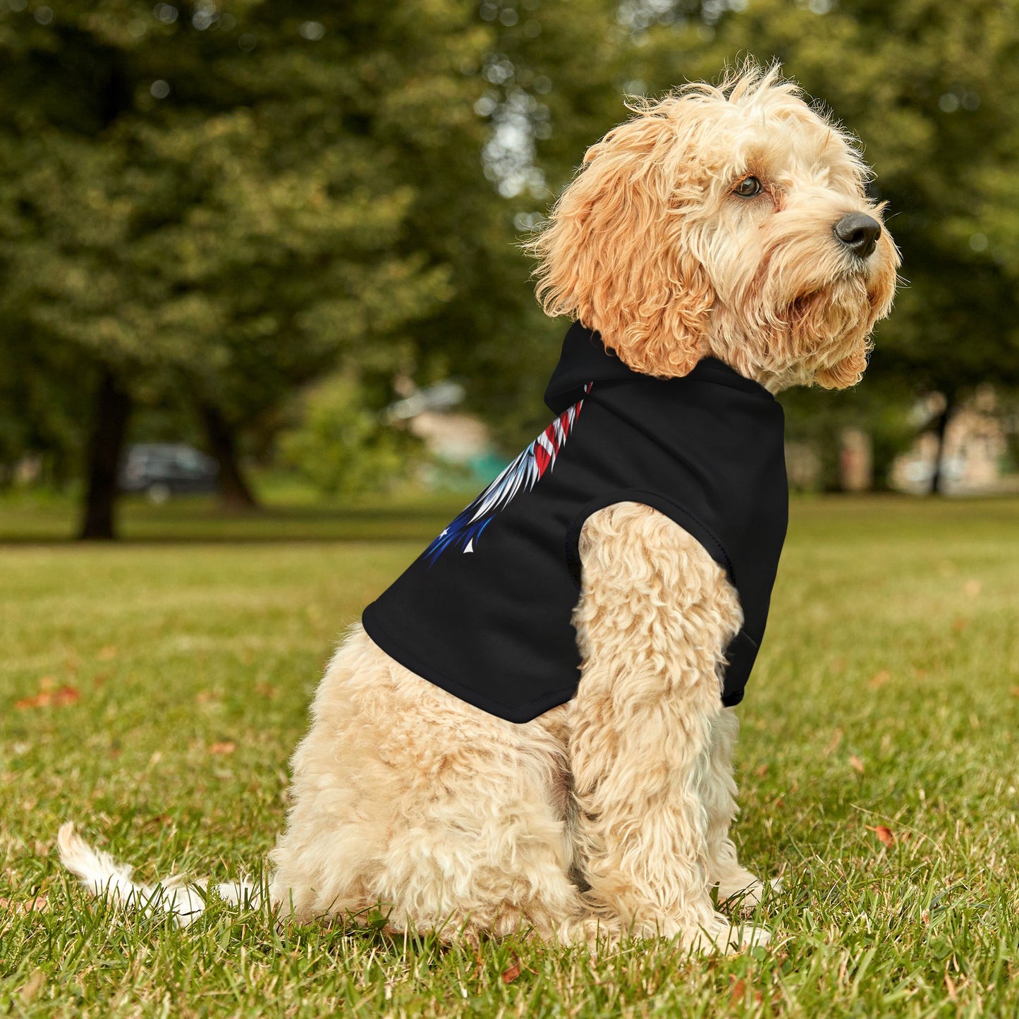 Princess Grace Patriotic Eagle Pet Hoodie Stylish Black Dog Sweatshirt with America Themed Design